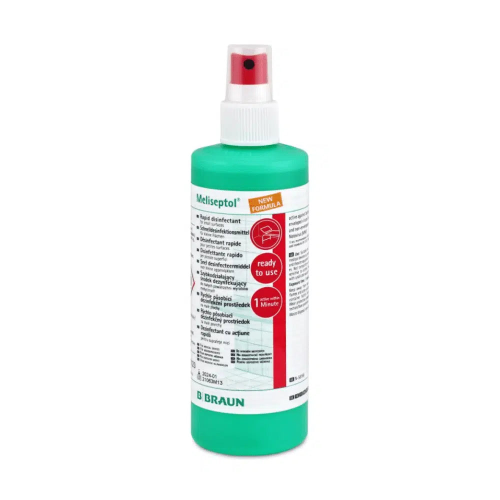 Das B. Braun Meliseptol® New Formula Desinfektionsmittel von B. Braun Deutschland GmbH & Co. KG ist eine grüne Sprühflasche mit roter Düse und weißem Etikett, das auf eine „neue Formel“ für Oberflächendesinfektionsmittel hinweist. Dieses Produkt enthält Ethanol und ist gebrauchsfertig zur schnellen Desinfektion.