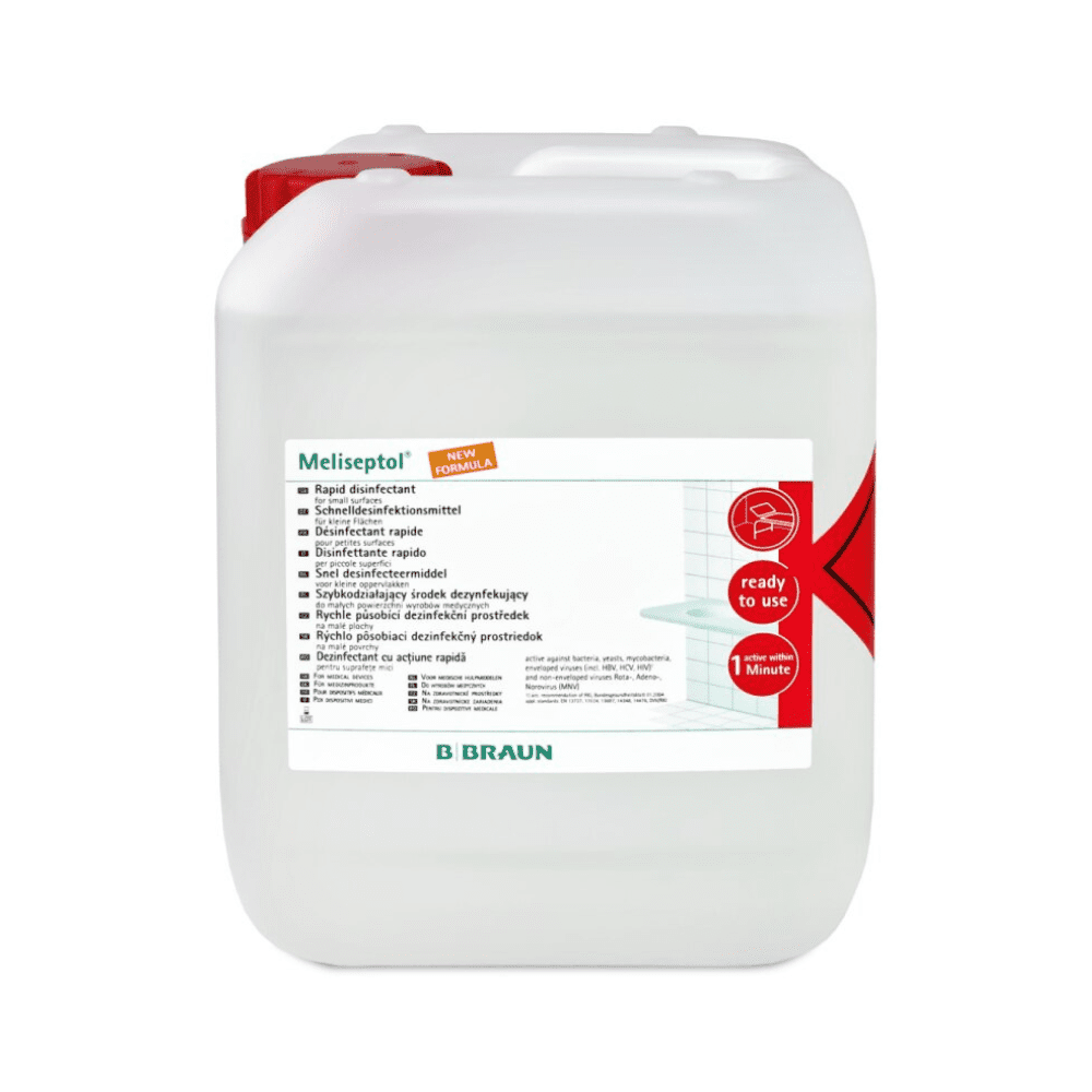 Ein 5-Liter-Behälter in Weiß mit rotem Deckel trägt auf dem Etikett Text und Grafik, darunter die Marke „B. Braun Deutschland GmbH & Co. KG“ und den Produktnamen „B. Braun Meliseptol® New Formula Desinfektionsmittel“. Als schnelles Desinfektionsmittel auf Ethanolbasis eignet es sich ideal zur Oberflächenreinigung und ist gebrauchsfertig.