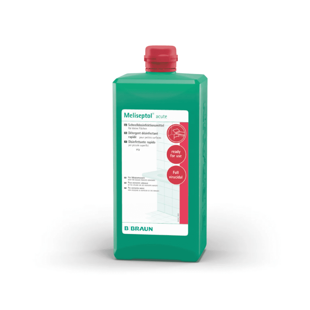 Eine rechteckige grüne Flasche mit rotem Verschluss und der Aufschrift „B. Braun Meliseptol® acute Flächendesinfektion“ ist gebrauchsfertig und desinfiziert wirksam alkoholbeständige Flächen. Am unteren Rand des Etiketts ist prominent der Markenname „B. Braun Deutschland GmbH & Co. KG“ angebracht.