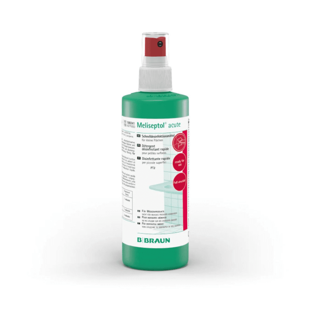 Die B. Braun Meliseptol® acute Flächendesinfektion der B. Braun Deutschland GmbH & Co. KG ist für alkoholbeständige Flächen konzipiert und wird in einer grün-weißen Flasche mit roter Düse geliefert. Auf dem Etikett finden sich ausführliche Anwendungshinweise als umfassend viruzides Flächendesinfektionsmittel sowie Sicherheitsinformationen.