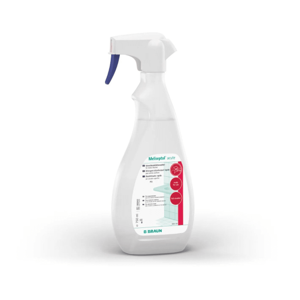 Das B. Braun Meliseptol® acute Flächendesinfektionsmittel wird in einer weißen Sprühflasche geliefert, die ein blau-rotes Etikett mit Text und Grafik, darunter den Schriftzug „umfassend viruzid“, trägt. Es ist mit einer blau-weißen Sprühdüse ausgestattet und speziell für Flächendesinfektionsmittel konzipiert, sodass es für alkoholbeständige Oberflächen geeignet ist. Der Markenname B. Braun Deutschland GmbH & Co. KG ist deutlich sichtbar unten auf dem Etikett zu sehen.
