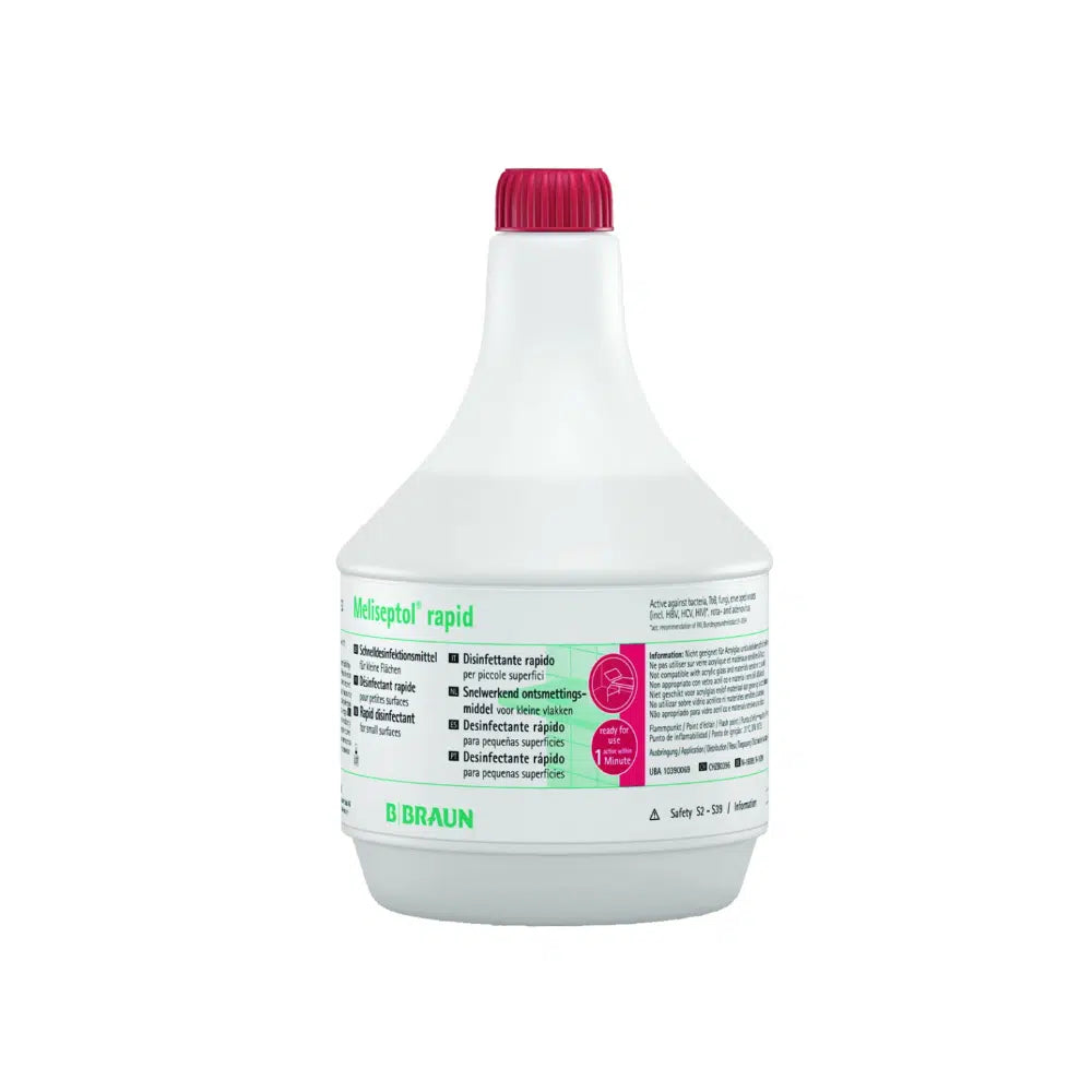 Eine weiße Plastikflasche mit rotem Verschluss und der Aufschrift „B. Braun Meliseptol® rapid Schnelldesinfektion“ von B. Braun Deutschland GmbH & Co. KG. Das Etikett mit mehreren Sprachen und Sicherheitssymbolen weist darauf hin, dass es für die schnelle und effiziente Desinfektion von Oberflächen konzipiert ist.