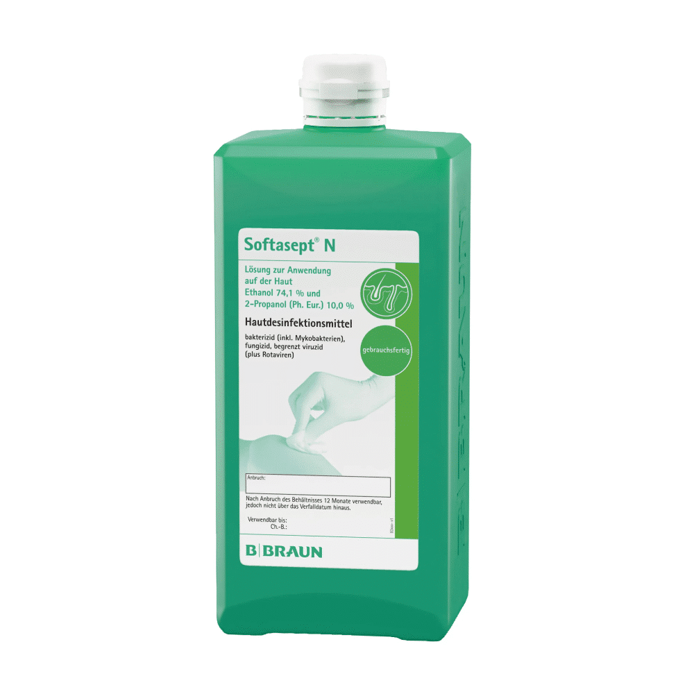 Eine grüne Plastikflasche mit B. Braun Softasept® N Hautdesinfektionsmittel von B. Braun Deutschland GmbH & Co. KG trägt ein Etikett mit detaillierten Angaben zu den Inhaltsstoffen, darunter 74,4 % Ethanol und 10 % 2-Propanol. Damit eignet es sich perfekt zur Vorbereitung der Haut vor Injektionen. Eine Anleitung in deutscher Sprache ist ebenfalls vorhanden.