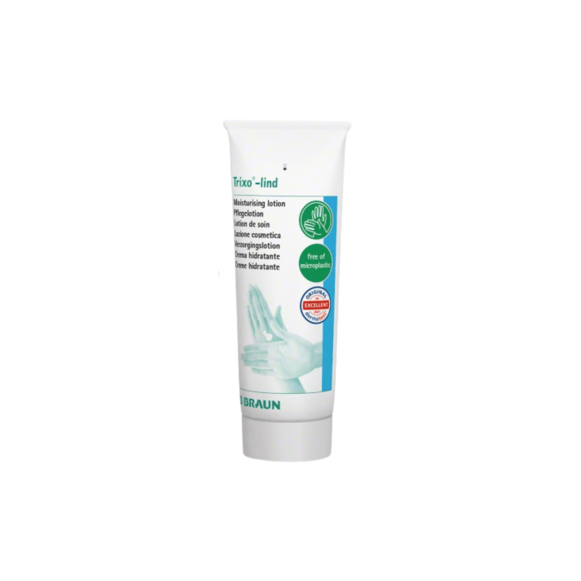 Die B. Braun Trixo®-lind Pflegelotion ist in einer weißen Tube mit grün-blauer Beschriftung erhältlich. Die Verpackung weist auf einen hautneutralen pH-Wert hin, bestätigt, dass die Lotion frei von Mikroplastik ist und trägt ein dermatologisch geprüftes Siegel. Der Markenname B. Braun Deutschland GmbH & Co. KG ist prominent am unteren Rand zu sehen.