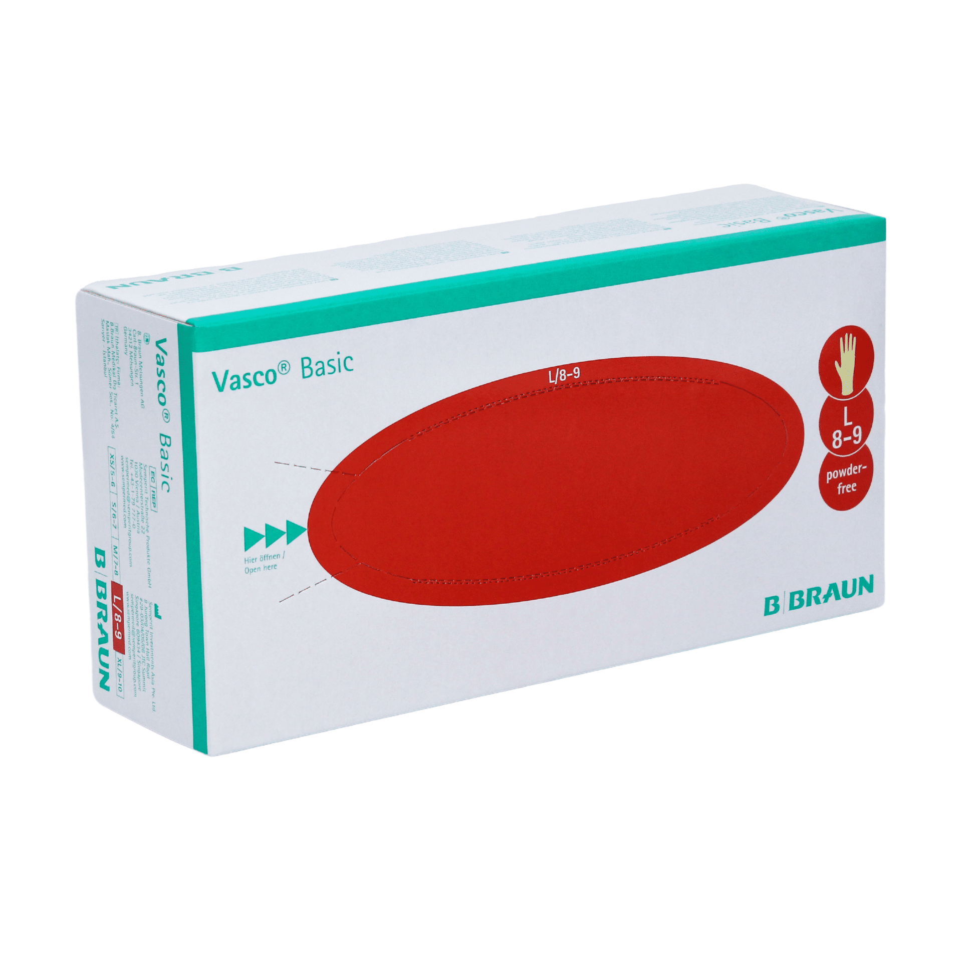 Eine Schachtel mit B. Braun Vasco® Basic Latex-Untersuchungshandschuhen, Größe 8-9, mit einem roten ovalen Design auf der Vorderseite und dem Markennamen „B. Braun Deutschland GmbH & Co. KG“ in prominenter Darstellung auf der Seite.