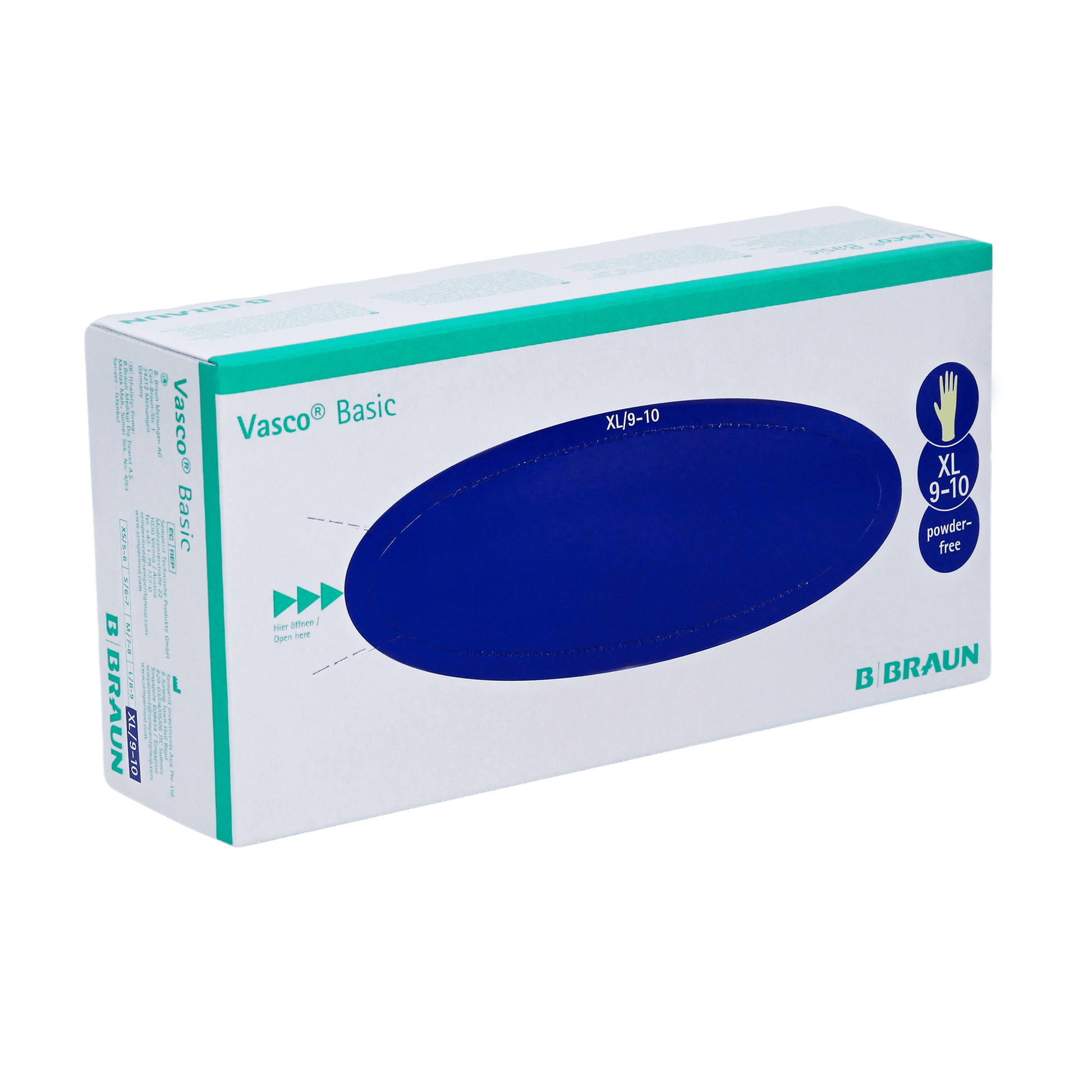 Eine Schachtel B. Braun Vasco® Basic Untersuchungshandschuhe aus Latex, hergestellt von B. Braun Deutschland GmbH & Co. KG, ist für medizinische Untersuchungen bestimmt. Die weiße Verpackung weist ein blaues Oval und einen grünen Text auf, um darauf hinzuweisen, dass die Handschuhe puderfrei und in Größe XL (9-10) erhältlich sind. Das Bild zeigt die Schachtel aus verschiedenen Winkeln.