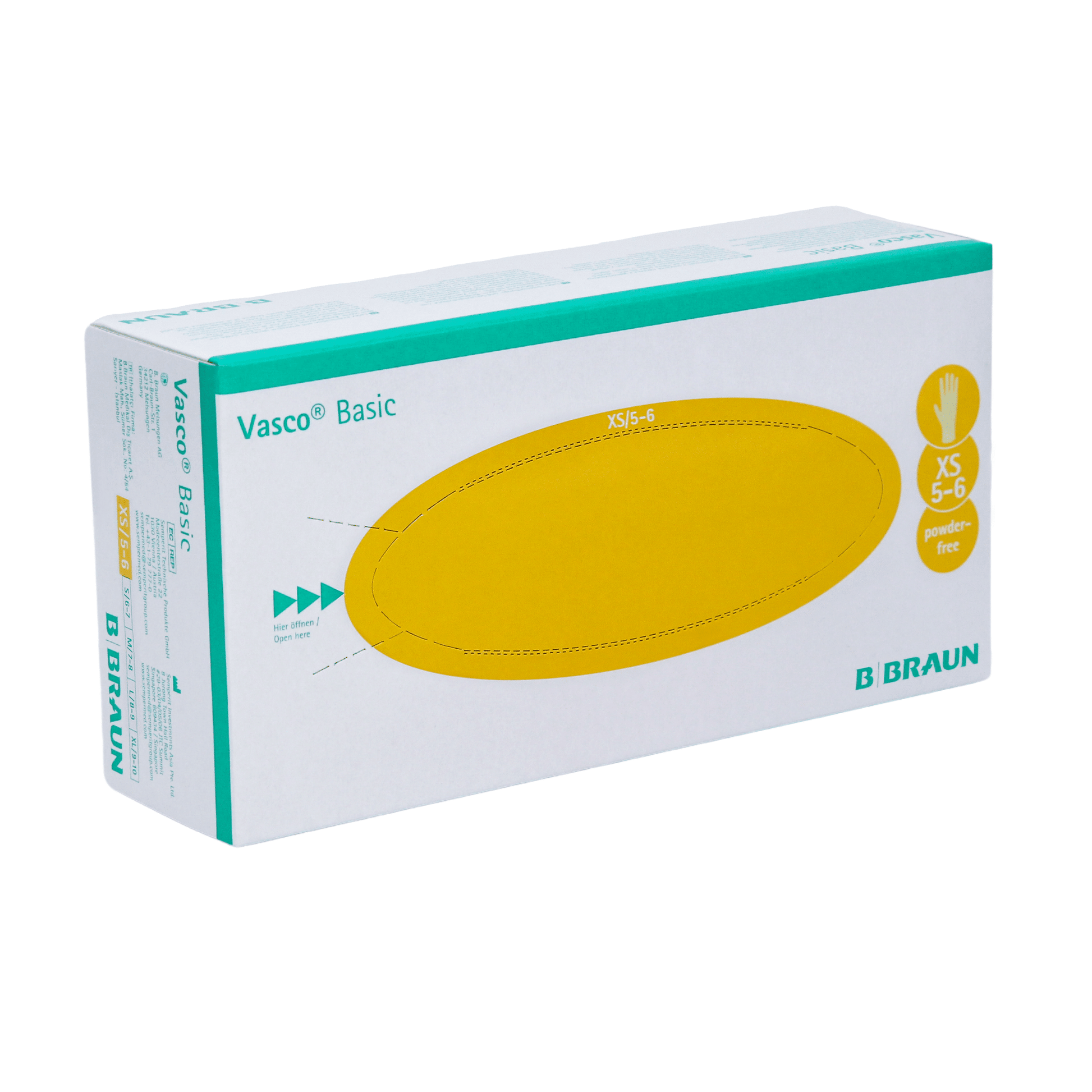 Eine Schachtel B. Braun Vasco® Basic Untersuchungshandschuhe aus Latex in Größe XS 5-6 mit einem gelben Etikett mit Produktdetails. Die Verpackung ist weiß und grün und trägt an den Seiten das Logo der B. Braun Deutschland GmbH & Co. KG.