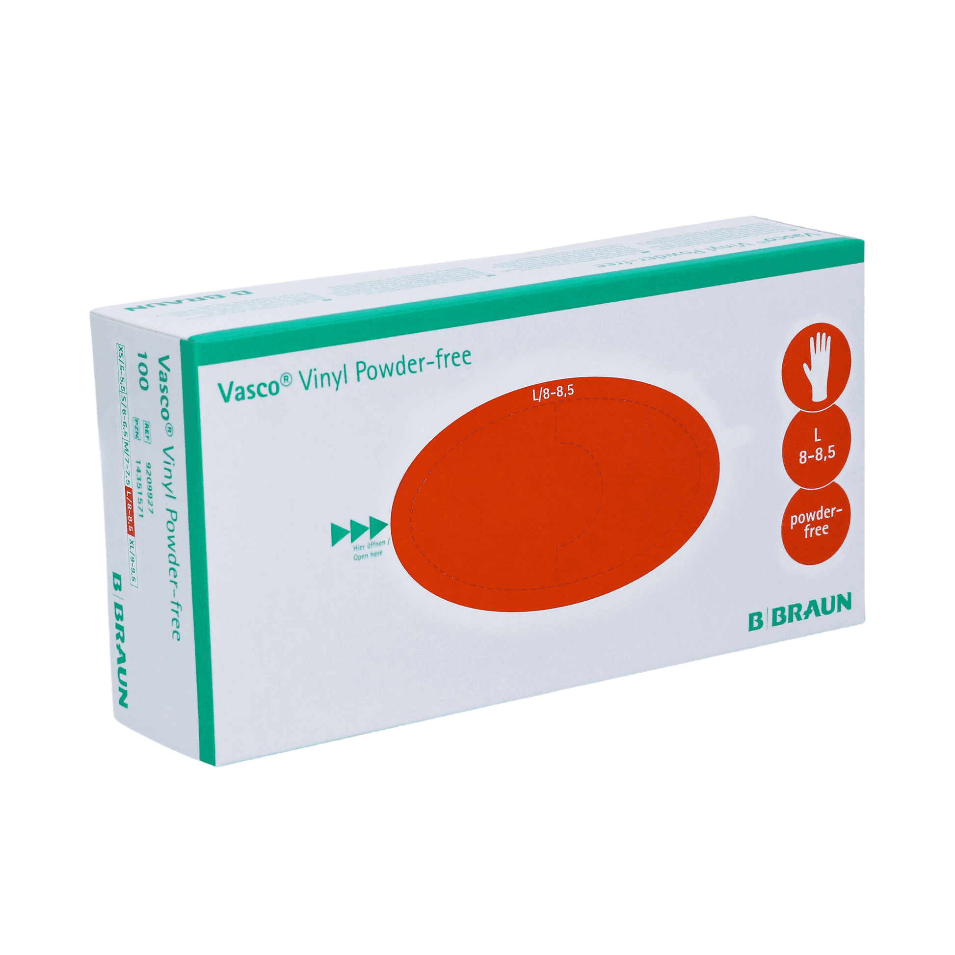 Das Bild zeigt eine Schachtel B. Braun Vasco® Vinyl Powder-free Einmalhandschuhe von B. Braun Deutschland GmbH & Co. KG. Diese große Packung (8-8,5) enthält 100 Vinyl-Einweghandschuhe, die für ihre chemische Beständigkeit bekannt sind, mit einem überwiegend weißen Design mit grünen und roten Akzenten.