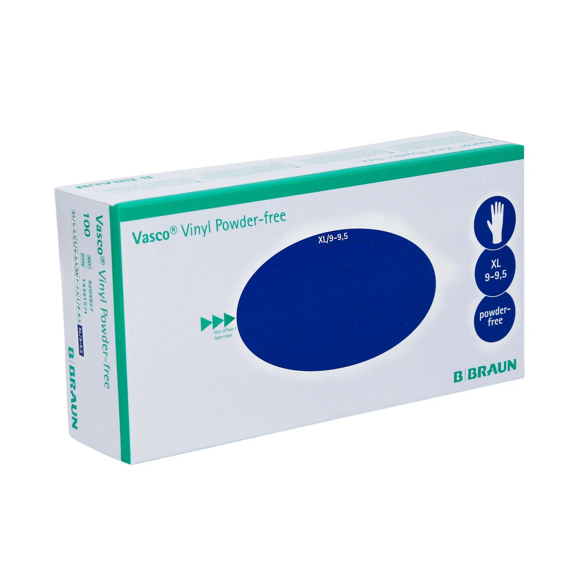 Eine Schachtel B. Braun Vasco® Vinyl Powder-free Einmalhandschuhe in Größe XL, in blauer Verpackung mit einem Handsymbol als Hinweis darauf, dass sie latexfrei sind. Die Schachtel ist schräg ausgestellt, sodass der Text und das Markenlogo von B. Braun Deutschland GmbH & Co. KG deutlich zu erkennen sind.