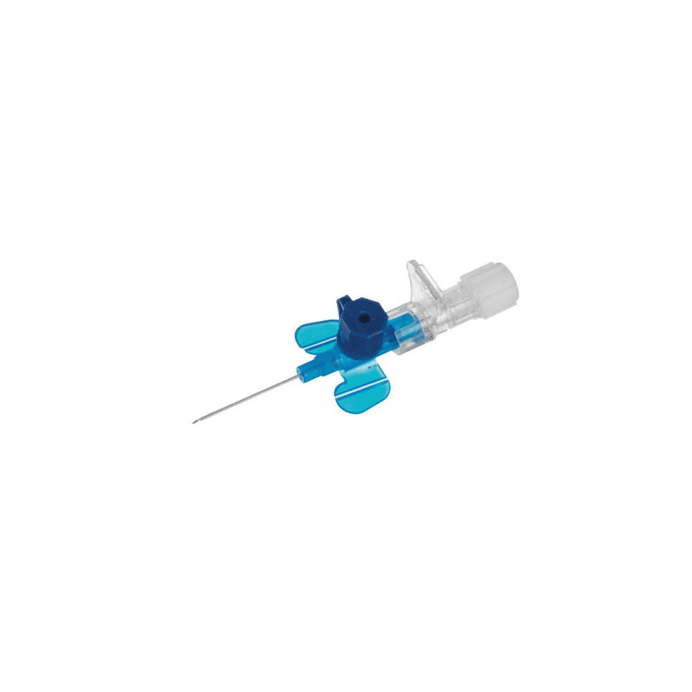 Die B. Braun Vasofix® Braunüle® Venenverweilkanüle, hergestellt von B. Braun Deutschland GmbH & Co. KG, ist ein medizinischer IV-Katheter, der sich durch seinen transparenten Kunststoffkörper und den blauen Flügelaufsatz auszeichnet. Er ist an einem Ende mit einer Nadel zum Einführen ausgestattet und verfügt am anderen Ende über eine weiße Kappe, die die effiziente Verabreichung von Flüssigkeiten oder Medikamenten erleichtert.