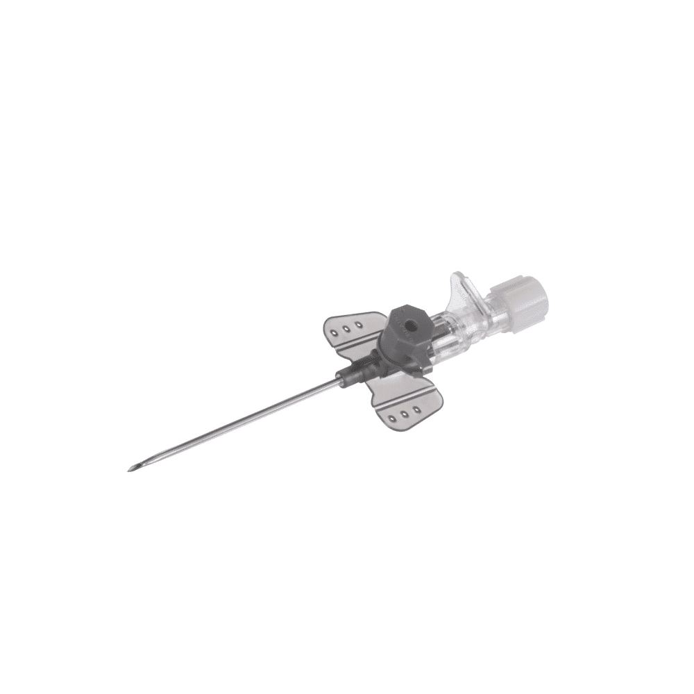 Die B. Braun Vasofix® Braunüle® Venenverweilkanüle der B. Braun Deutschland GmbH & Co. KG verfügt über einen transparenten Körper und Flügel mit einer spitzen Metallnadel und einer weißen Kappe an der Basis, alles elegant präsentiert vor einem schlichten Hintergrund.