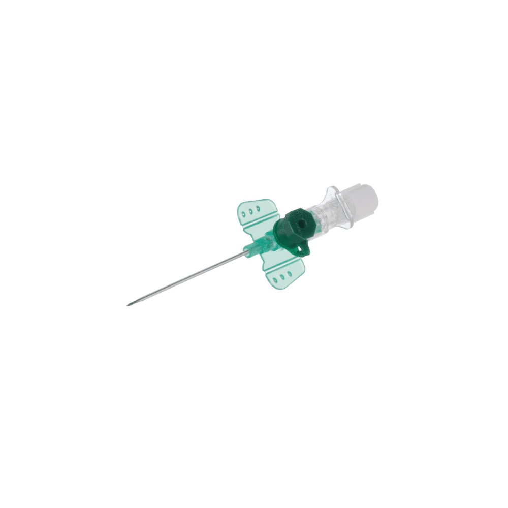 Eine Nahaufnahme der B. Braun Vasofix® Braunüle® Venenverweilkanüle, hergestellt von B. Braun Deutschland GmbH & Co. KG, hebt ihr präzises Design mit einer Schmetterlingsnadel und Kunststoffflügeln hervor. Die an einem transparenten Rohr befestigte Nadel verfügt über einen grünen Ansatz und perforierte Flügel für eine einfache Handhabung während des Eingriffs, was ihre Effizienz bei medizinischen Anwendungen erhöht.