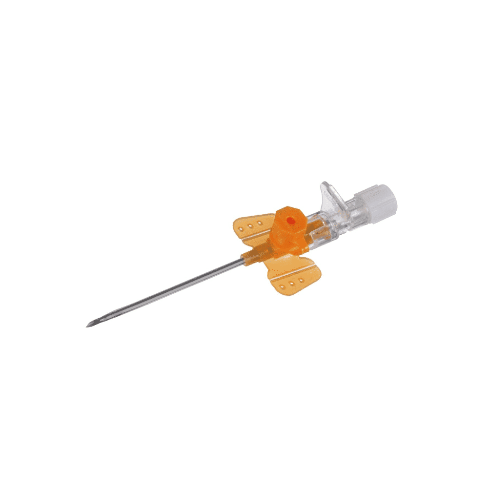 Die B. Braun Vasofix® Braunüle® Venenverweilkanüle, hergestellt von B. Braun Deutschland GmbH & Co. KG, hat einen transparenten Ansatz mit weißer Kappe und orangefarbenen Flügeln zur Stabilisierung. Die Edelstahlkanüle ermöglicht die effiziente Verabreichung von Flüssigkeiten oder Medikamenten direkt in den Blutkreislauf.