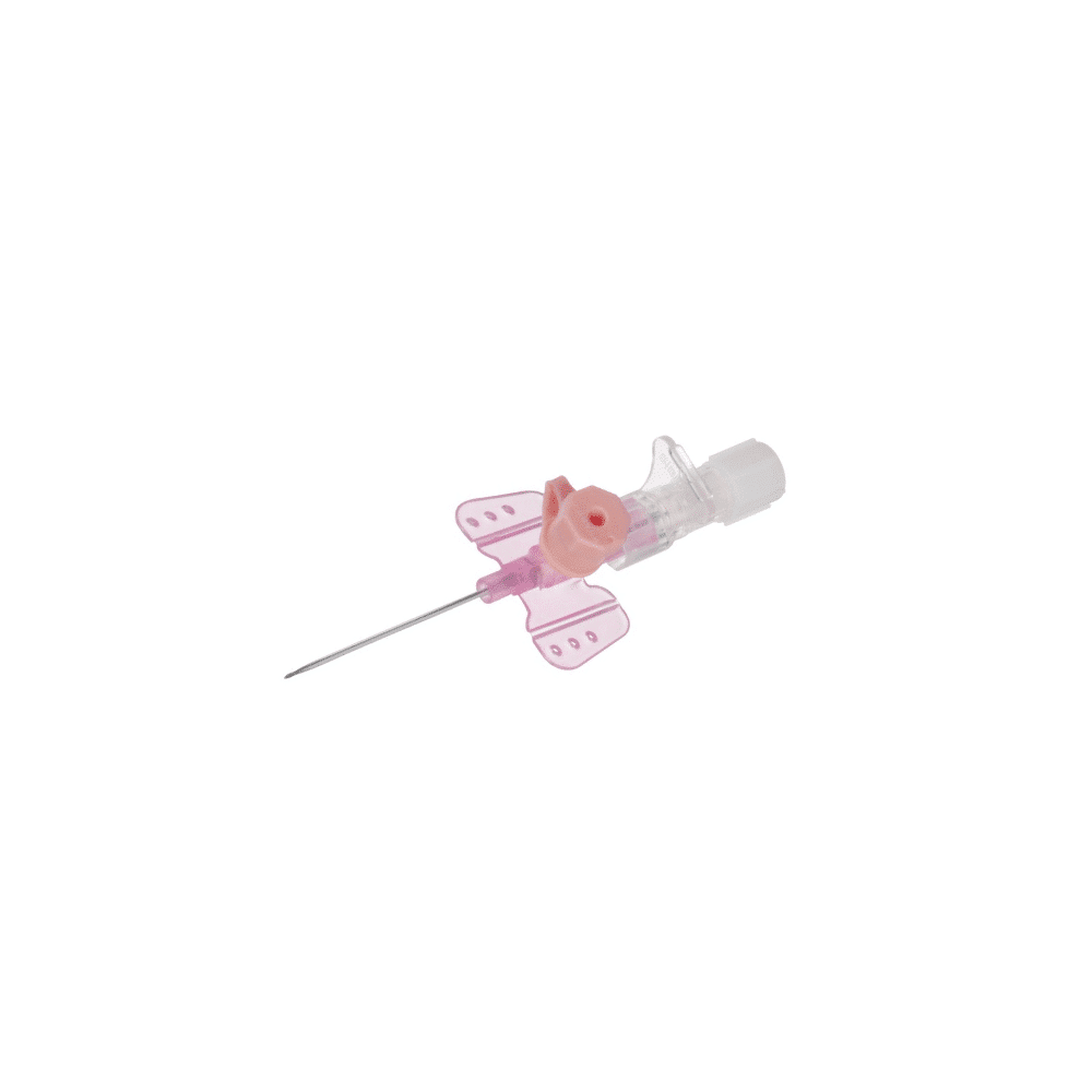 Die B. Braun Vasofix® Braunüle® Venenverweilkanüle, hergestellt von B. Braun Deutschland GmbH & Co. KG, verfügt über einen rosa Flügelgriff und einen transparenten Schlauchanschluss für die intravenöse Einführung. Sie enthält eine Metallnadel, die aus der Basis herausragt und für medizinische Zwecke vorgesehen ist.