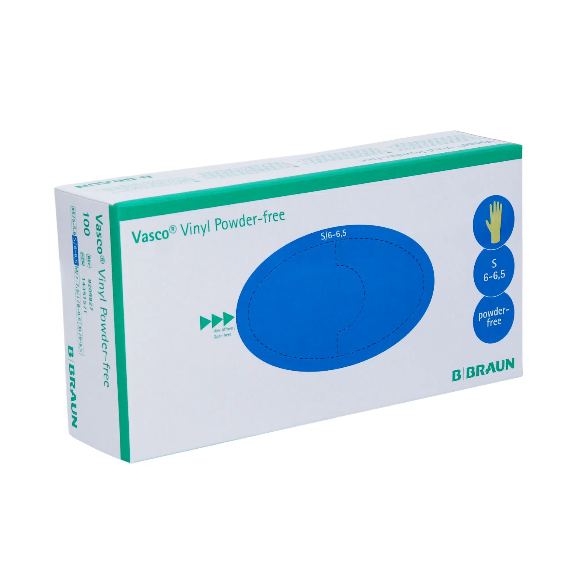 Eine Schachtel B. Braun Vasco® Vinyl Puderfreie Einmalhandschuhe, Größe S (6-6,5), ist auf der Vorderseite mit einem blauen Oval und einer Handgrafik versehen. Diese latexfreien Handschuhe bieten eine ausgezeichnete chemische Beständigkeit und sind in einer überwiegend weiß-grünen Schachtel verpackt.