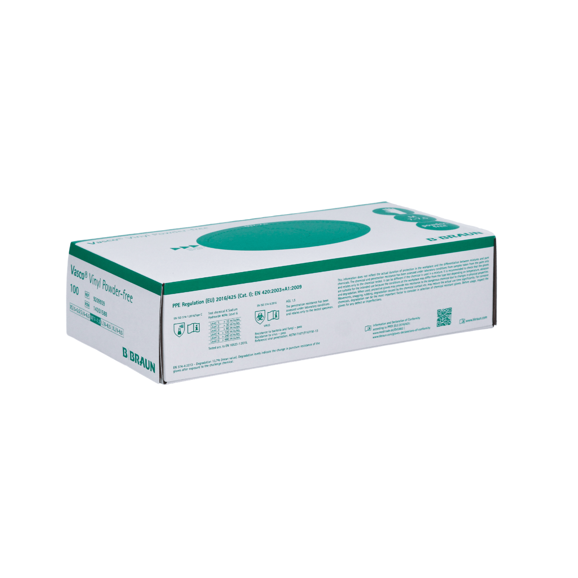Eine rechteckige Schachtel B. Braun Vasco® Basic Untersuchungshandschuhe aus Latex, hergestellt von B. Braun Deutschland GmbH & Co. KG, weist ein überwiegend grün-weißes Design mit Produktdetails und einem auffälligen kreisförmigen Motiv auf, das darauf hinweist, dass sie 100 Handschuhe enthält.