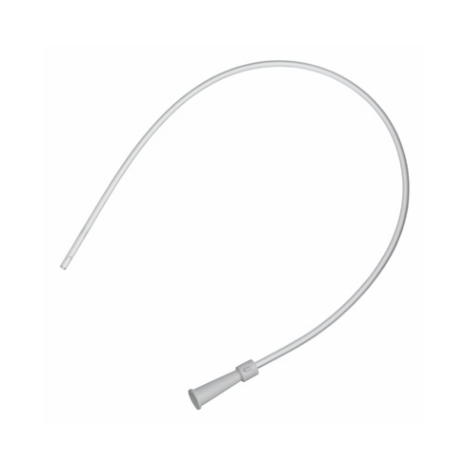 Ein Bild des B. Braun Absaugkatheters Typ Ideal mit gerader Spitze und farbcodierten Trichteradaptern. Der flexible, weiße medizinische Schlauch ist halbkreisförmig gewickelt, was seine hervorragenden Gleiteigenschaften vor dem schlichten weißen Hintergrund hervorhebt.