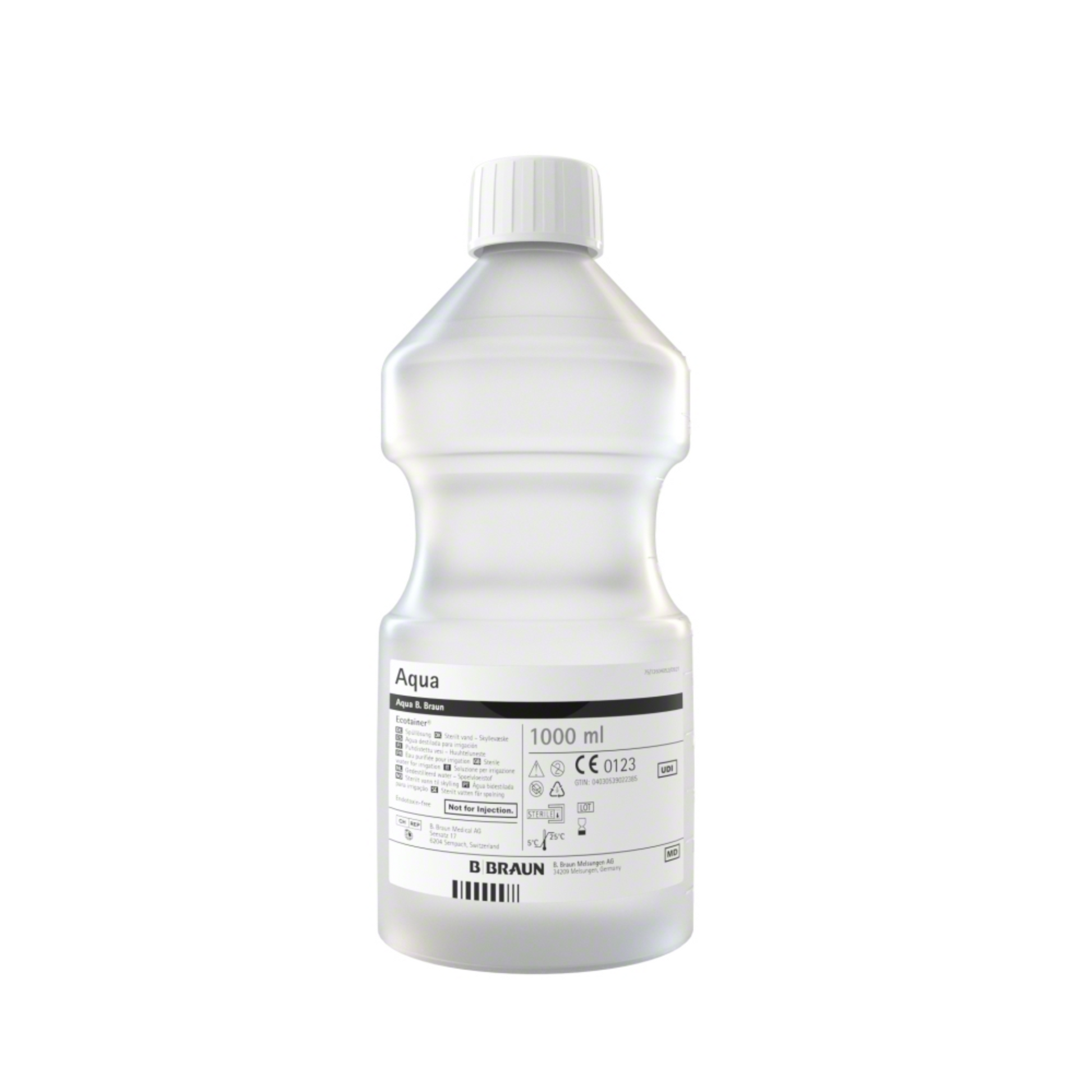 Die B. Braun Aqua Ecotainer® Topische Spüllösung, eine transparente Kunststoffflasche mit einem Fassungsvermögen von 1000 ml, besteht aus umweltfreundlichem Polypropylen. Sie verfügt über einen weißen Verschluss und ist mit verschiedenen Symbolen und Texten beschriftet, darunter das B. Braun-Branding und Anweisungen zur Verwendung der topischen Spüllösung.