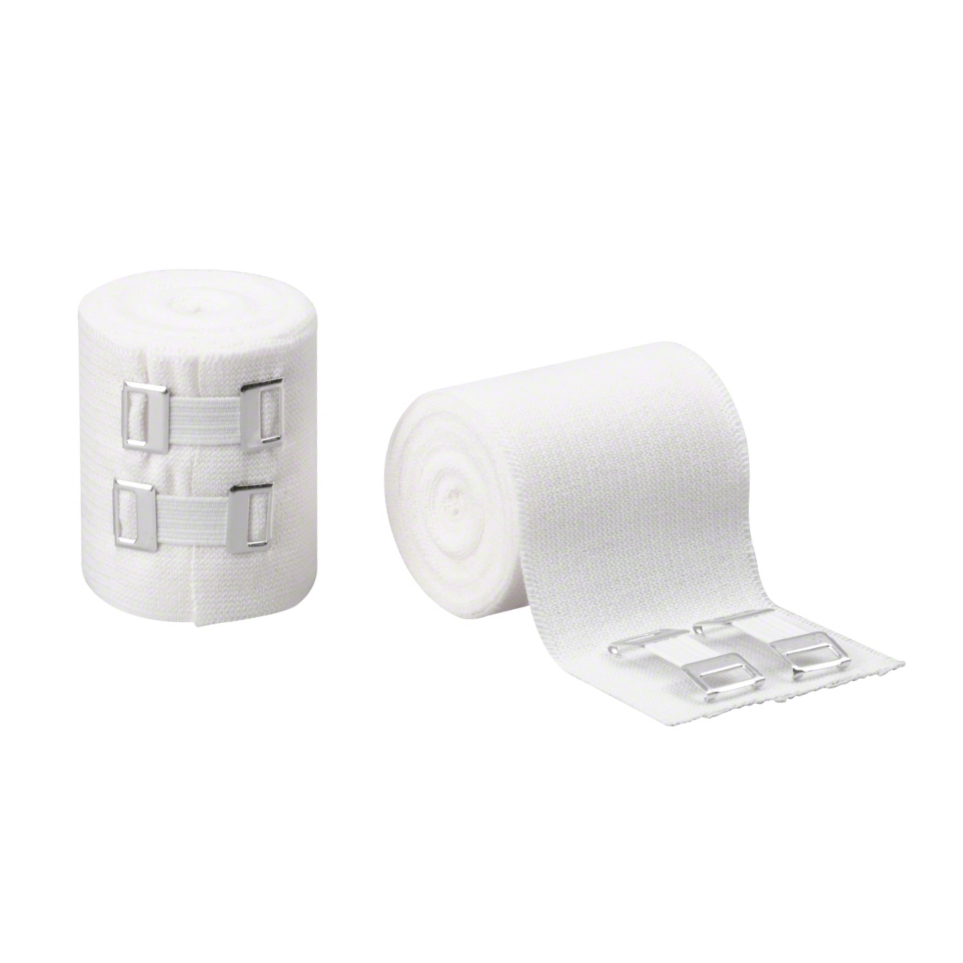 Abgebildet sind zwei Rollen B. Braun Askina® Ideal DIN-Idealbinde von B. Braun Deutschland GmbH & Co. KG. Eine Rolle ist sicher mit Metallklammern umwickelt, während die andere teilweise entrollt ist und ihre strukturierte, hautfreundliche Baumwolloberfläche freigibt. Daneben befinden sich zwei separate Metallklammern, alles vor einem schlichten weißen Hintergrund.