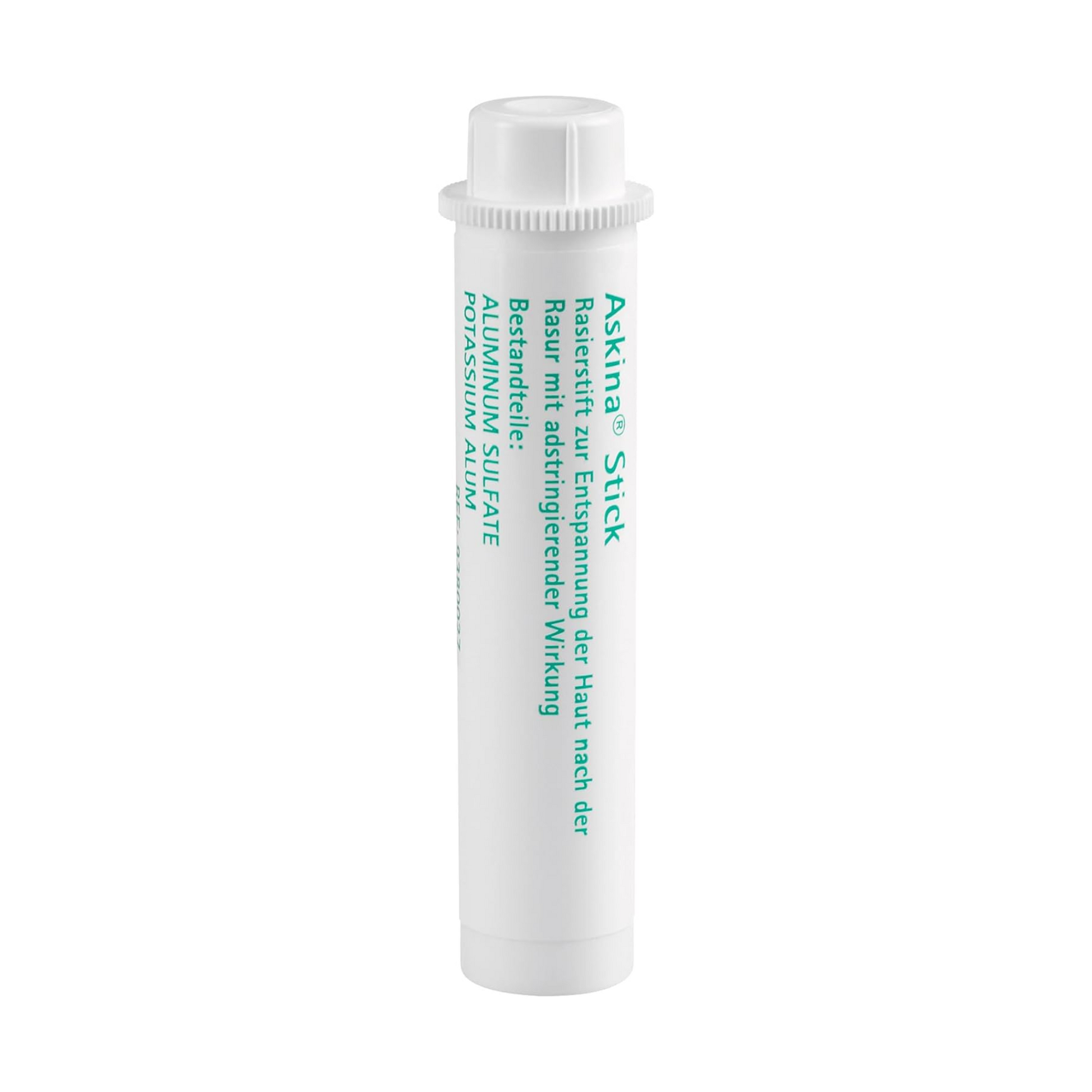 Ein zylindrischer weißer Behälter mit weißem Deckel und grünem Text. Das Produkt trägt die Bezeichnung „B. Braun Askina® Stick Rasierstift zur Entspannung der Haut | 1 Stück“ und wird von der B. Braun Deutschland GmbH & Co. KG angeboten. Es enthält Aluminiumsulfat zur wirksamen Blutstillung.