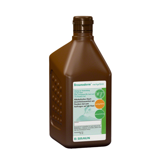 Eine 1000 ml braune Flasche mit flachem Verschluss und der Aufschrift „Braunoderm® Hautdesinfektionsmittel“ enthält eine PVP-Iod-Hautdesinfektionslösung der B. Braun Deutschland GmbH & Co. KG.