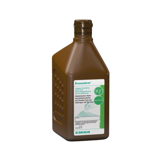 Eine braune Flasche B. Braun Braunoderm® Hautdesinfektionsmittel von B. Braun Deutschland GmbH & Co. KG zeichnet sich durch ein weißes Etikett mit Text und Symbolen aus, das deutlich hervorsticht. Die strukturierten Seiten bieten sicheren Halt, während der Schraubverschluss die präoperative Desinfektionslösung sicher verschließt und deutlich in deutscher Sprache für die Anwendung auf der Haut beschriftet ist.