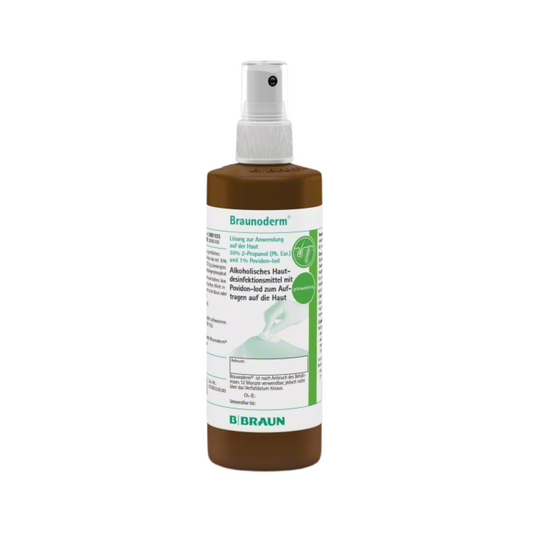 Das B. Braun Braunoderm® Hautdesinfektionsmittel ist eine antiseptische Hautlösung mit praktischer Sprühdüse. Das grün-weiße Etikett trägt deutlich sichtbar den Markennamen „B. Braun Deutschland GmbH & Co. KG“ und eignet sich daher perfekt für die präoperative Desinfektion.