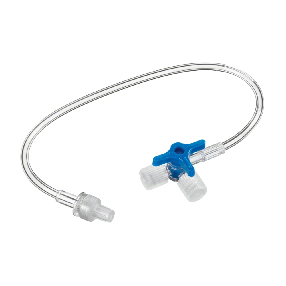 Der B.Braun Discofix®-3 Dreiwegehahn mit Verbindungsleitung blau von B. Braun Deutschland GmbH & Co. KG umfasst einen Dreiwegehahn mit einem markanten blauen Ventilgriff, der mit einem flexiblen transparenten Schlauch verbunden ist. Dieser Schlauch verfügt an beiden Enden über Anschlüsse und ist somit ein unverzichtbarer Bestandteil des Flüssigkeitsmanagements und der Infusionstherapie im medizinischen Umfeld.