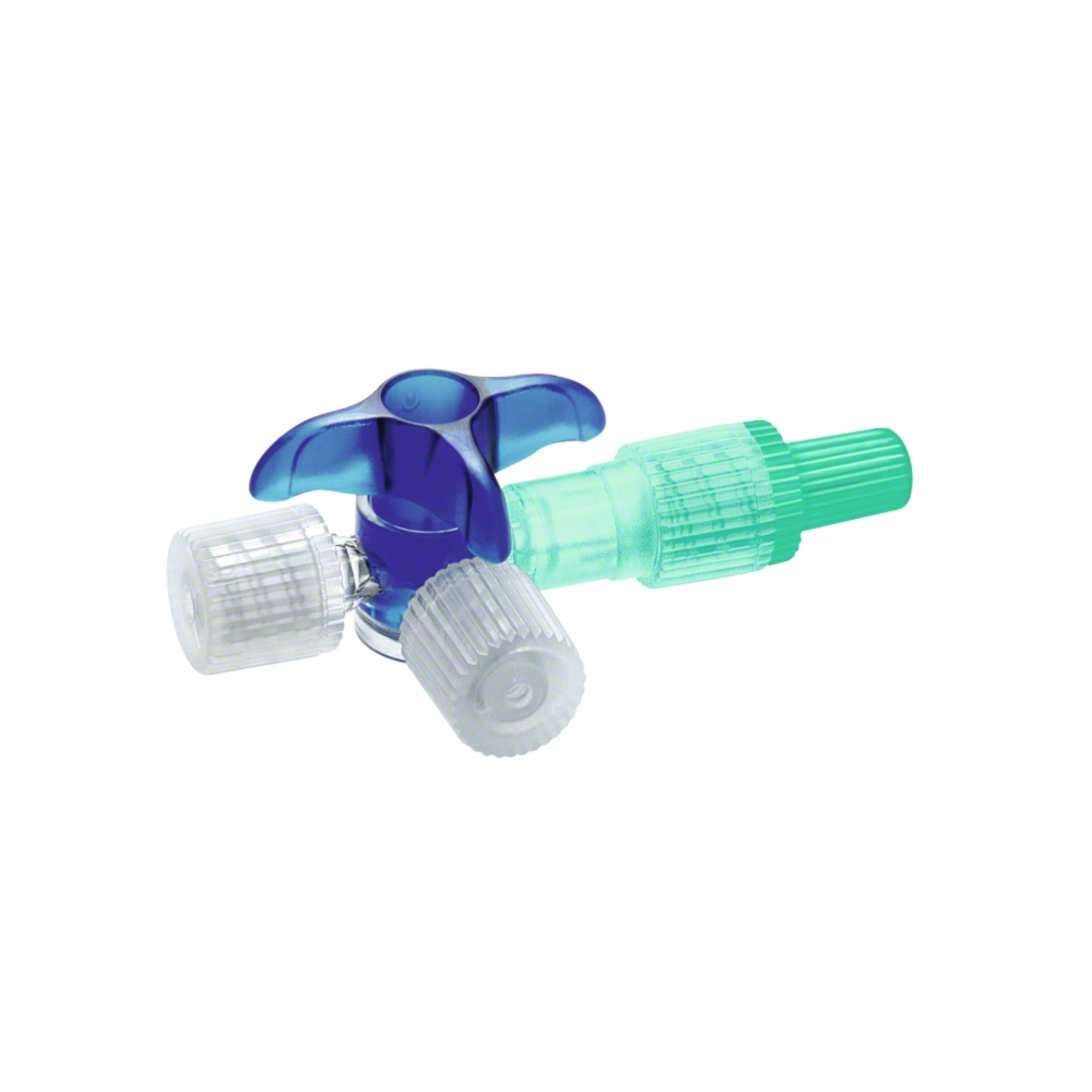 Der B. Braun Discofix® C Dreiwegehahn der B. Braun Deutschland GmbH & Co. KG ist ein blauer medizinischer Dreiwegehahn mit einem klaren Eingangsanschluss und einem grünen Ausgangsanschluss, der für ein präzises Flüssigkeitsmanagement im medizinischen und Laborbereich konzipiert ist und sich somit ideal für die Infusionstherapie eignet.