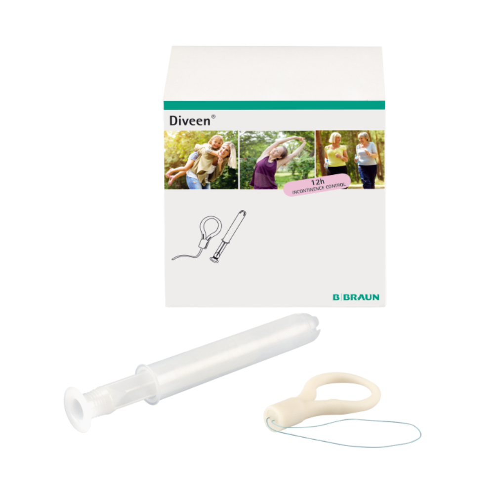 Die Verpackung des Vaginaltampons B.Braun Diveen®, hergestellt von B. Braun Deutschland GmbH & Co. KG, zeigt Abbildungen und ein Foto von aktiven Personen. Auf der Vorderseite sind deutlich ein Kunststoffapplikator und ein ringförmiges Gerät mit einer blauen Schnur zu sehen, das speziell für die Behandlung von Belastungsinkontinenz und Mischinkontinenz entwickelt wurde. Die Schachtel hebt die Funktion „12 Stunden empfohlener Komfort“ sowie das B. Braun-Logo hervor und enthält eine Packung mit 5 Artikeln.