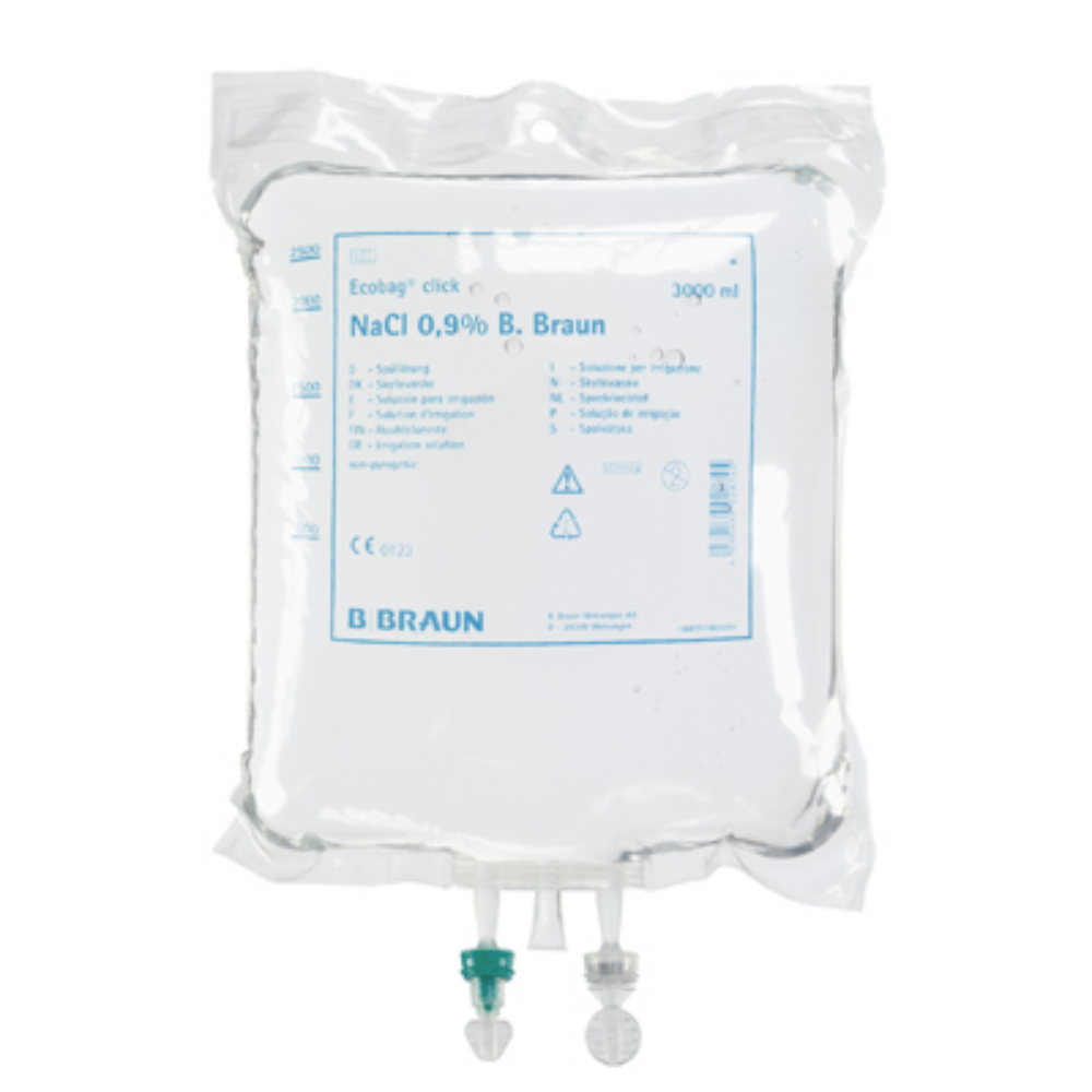 Die B. Braun Ecobag® CE Click NaCl 0,9% Spüllösung wird von B. Braun Deutschland GmbH & Co. KG in einem Karton mit zwei 5.000 ml-Packungen geliefert. Der transparente Beutel ist mit blauem Text für Produktdetails gekennzeichnet und verfügt über aufgesetzte Öffnungen an der Unterseite, wodurch er sich ideal für den medizinischen Einsatz mit NaCl 0-Lösungen eignet.