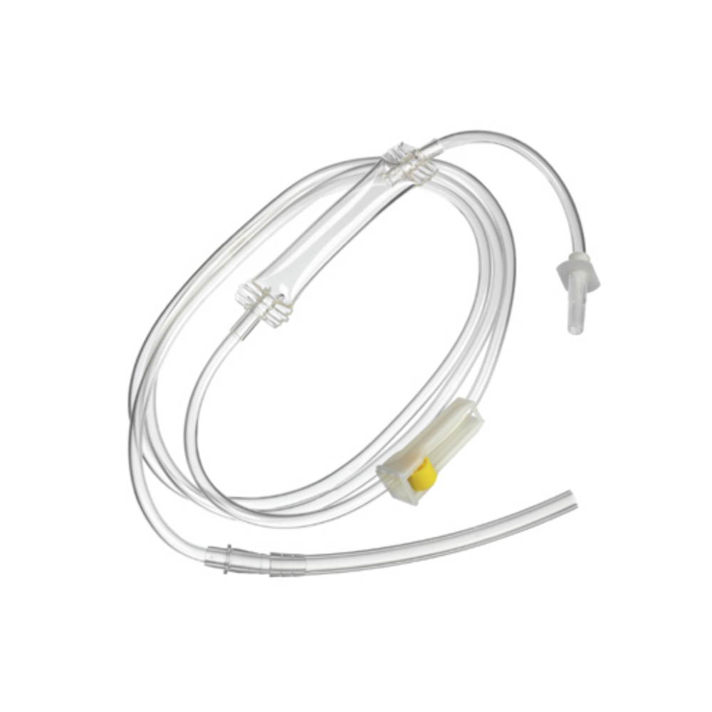 Ein durchsichtiges medizinisches Schlauchset, das B. Braun Ecospike® Nr. 1 von B. Braun Deutschland GmbH & Co. KG, ist aufgerollt auf einem weißen Hintergrund abgebildet, wobei Anschlüsse, Klemmen und ein gelber Filter zur Flüssigkeitsverabreichung oder medizinischen Verwendung sichtbar sind.