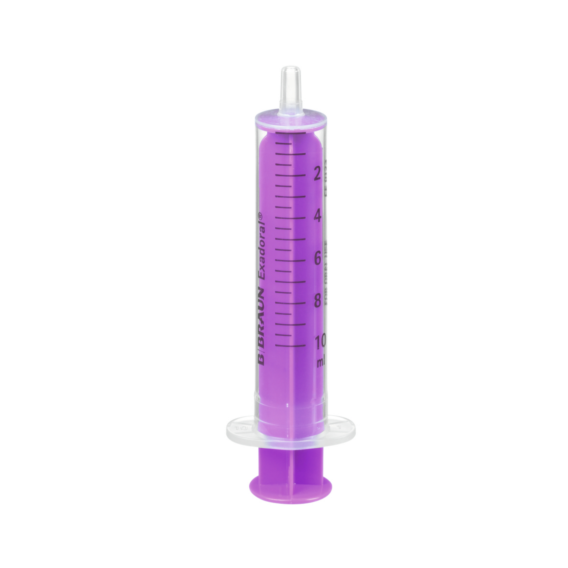 Eine violette B.Braun Exadoral® Einmalspritze zur oralen Gabe von Medikamenten und Flüssigkeiten aus Kunststoff mit Messmarkierungen von 1 bis 10 Millilitern und einer durchsichtigen Schutzkappe, perfekt für die präzise orale Verabreichung, ausgestattet mit Technologie von B. Braun Deutschland GmbH & Co. KG .