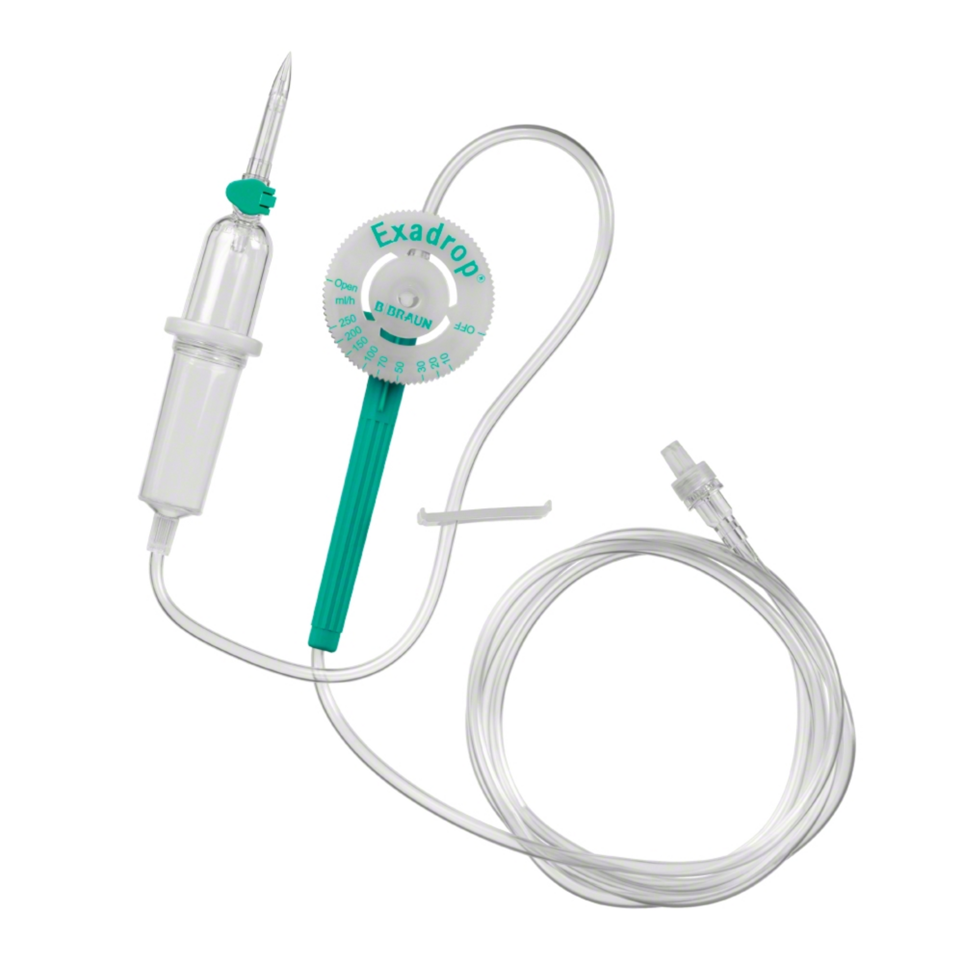 Das Bild zeigt ein B. Braun Exadrop® Standard-Infusionsgerät, 210 cm, von B. Braun Deutschland GmbH & Co. KG, ausgestattet mit einer Nadel, einer Tropfkammer, einem grünen Präzisions-Tropfenregler zur präzisen Infusionskontrolle und einem langen transparenten Schlauch mit einem Anschluss am Ende.