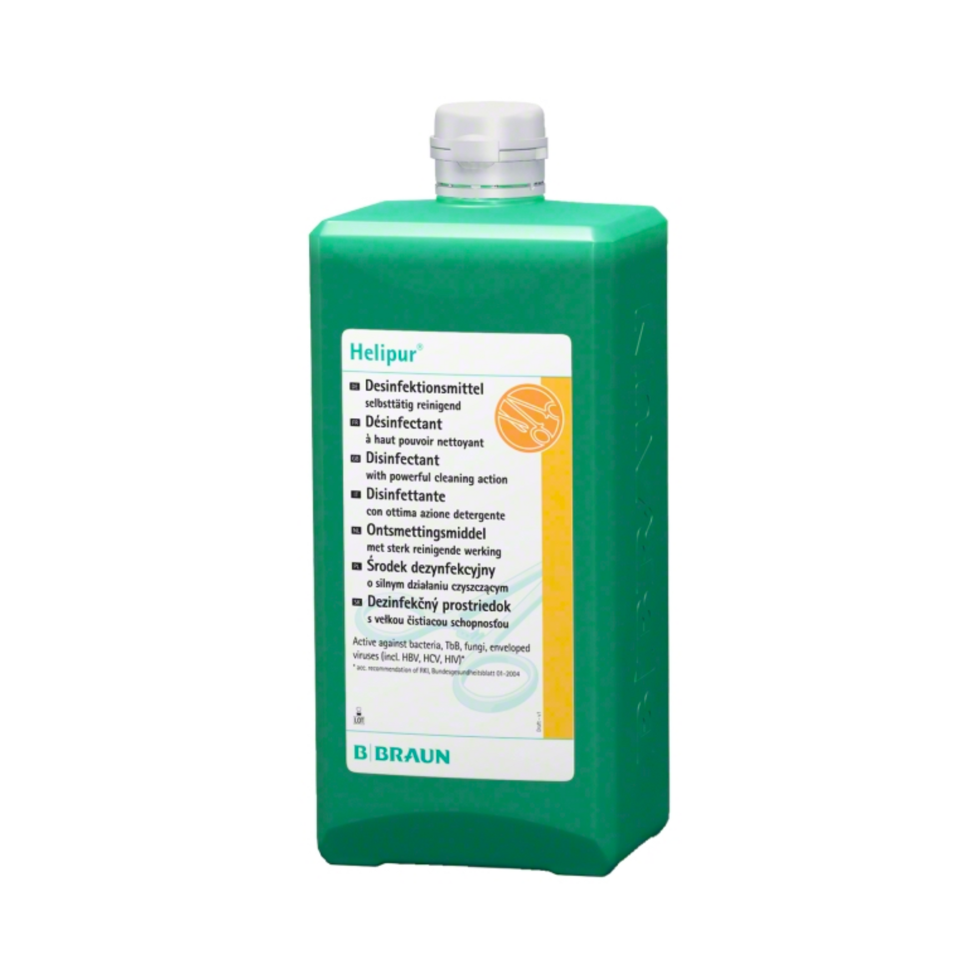 Die B. Braun Helipur® Instrumentendesinfektion (1000 ml) ist eine grüne Flasche mit weißem Schraubverschluss, auf der mit orange-weißen Akzenten mehrsprachige Informationen zu Desinfektionseigenschaften und Wirkstoffen zu finden sind. Hergestellt von B. Braun Deutschland GmbH & Co. KG.