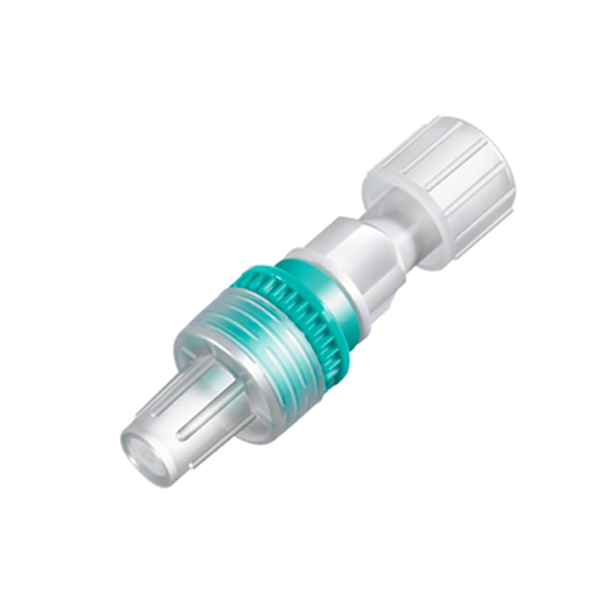 Nahaufnahme des B. Braun Infuvalve® Rückschlagventils, eines medizinischen Konnektors aus Kunststoff der B. Braun Deutschland GmbH & Co. KG, mit weißem Körper, blaugrünem Ring und geriffelten Enden, verwendet in Infusionssystemen zur Rückflussverhinderung (Packung: 50 Stück), auf weißem Hintergrund.