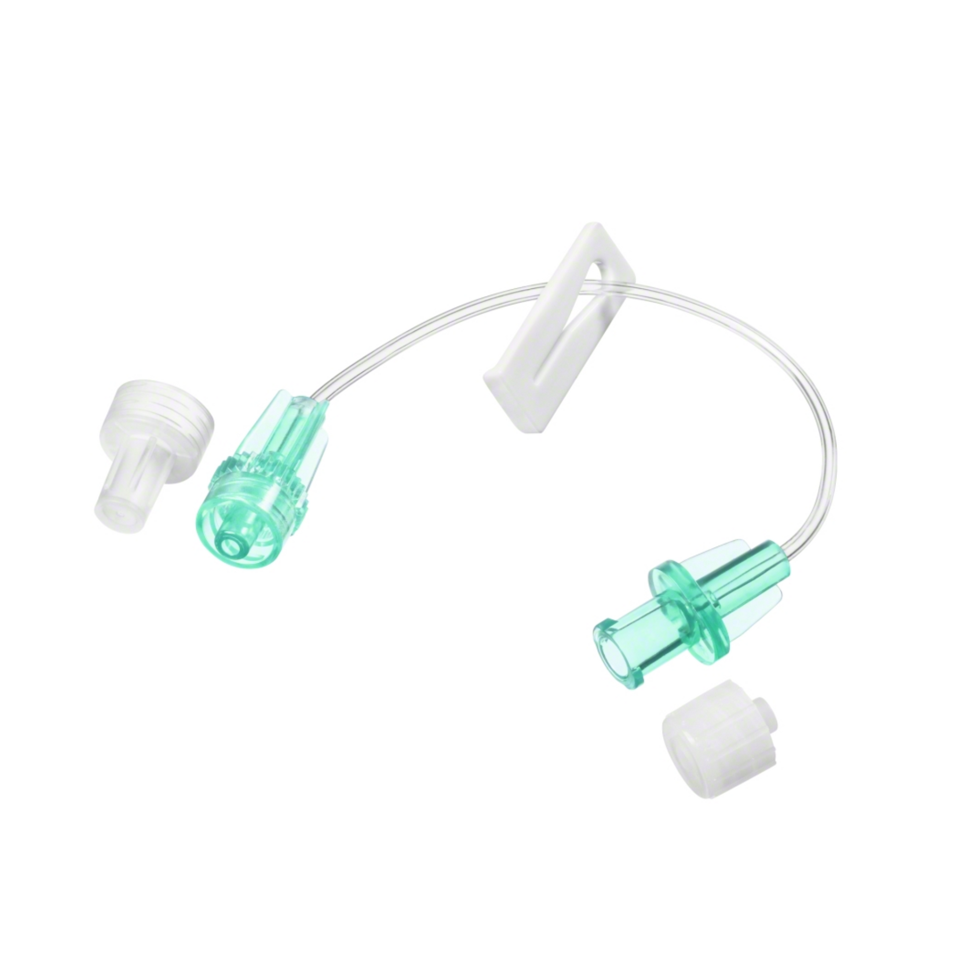 Die B. Braun Kleinvolumige Verlängerungsleitung für Infusionen besteht aus transparenten, latex- und DEHP-freien Komponenten, darunter grüne Luer-Lock-Anschlüsse und weiße Kappen. Sie umfasst einen 30 cm langen Schlauch, Endkappen und einen weißen Clip zur Befestigung. Die Komponenten von B. Braun Deutschland GmbH & Co. KG sind übersichtlich auf einem schlichten weißen Hintergrund angeordnet.