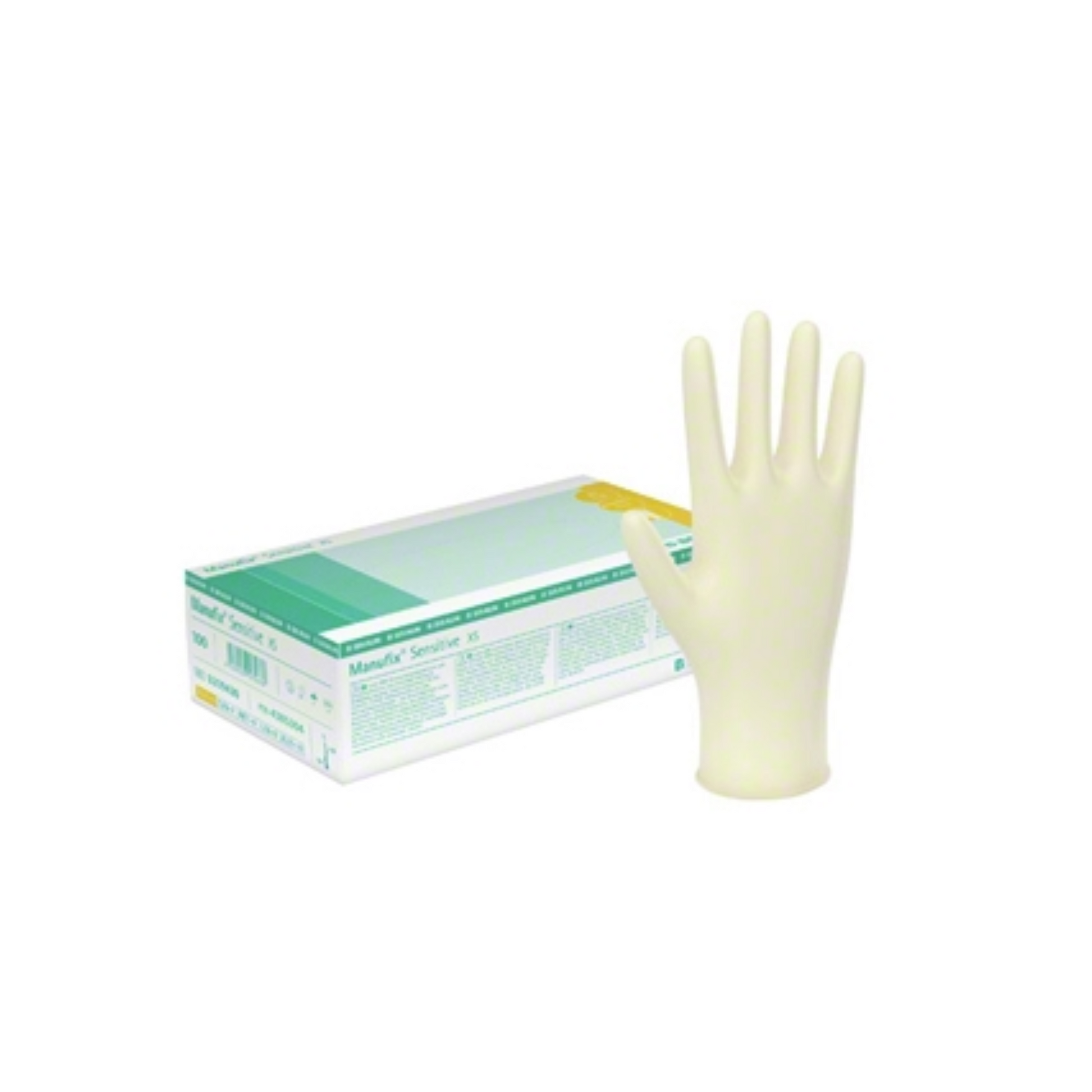 Ein innenbeschichteter Qualitäts-Untersuchungshandschuh von B. Braun Manufix® Sensitive wird aufrecht neben seiner Verpackungsschachtel ausgestellt. Die Schachtel ist überwiegend weiß mit grünen und gelben Akzenten und Text. Der aus Naturlatex gefertigte Handschuh ist beige, glatt und scheint mittelgroß zu sein – perfekt für Menschen mit empfindlicher Haut. Der Hintergrund ist schlicht weiß.