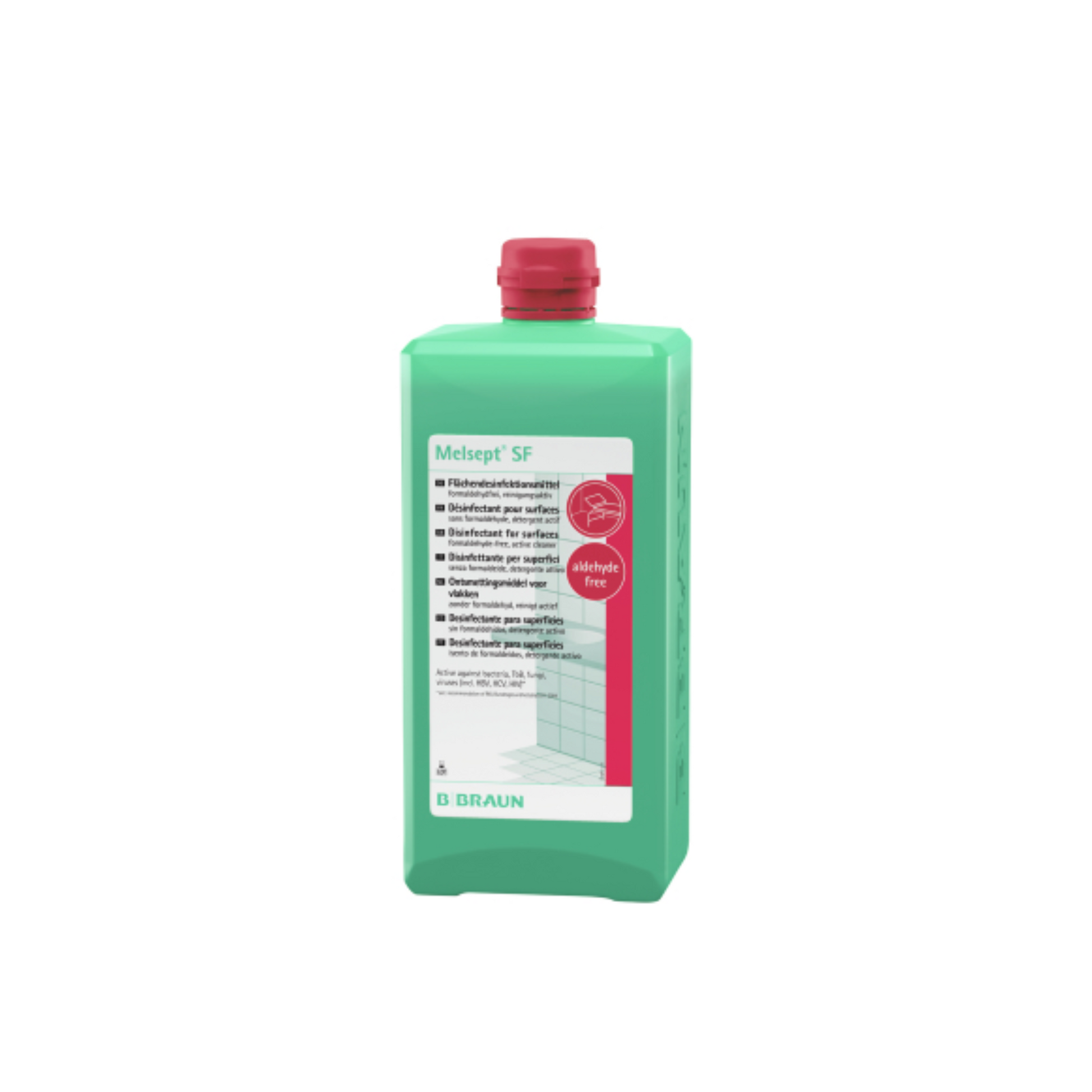 Eine grüne Flasche B. Braun Meliseptol® SF Flächendesinfektionsmittel, erkennbar an der roten Kappe, ist prominent ausgestellt. Das Etikett betont in mehreren Sprachen seine oberflächendesinfizierenden Eigenschaften und hebt seine alkoholfreie Formel für höchste Hygiene hervor. Die zuverlässige Marke ist B. Braun Deutschland GmbH & Co. KG.