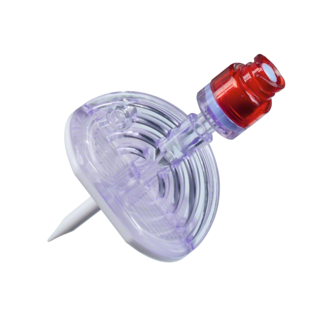 Nahaufnahme des B.Braun Mini-Spike® 2, eines transparenten violetten Medizinprodukts der B. Braun Deutschland GmbH & Co. KG mit runder, flacher Basis und spitzer Spitze. Die Oberseite ist mit einem roten Safeflow-Ventil-Ventilanschluss ausgestattet. Dieses aus Kunststoff gefertigte Produkt ist für medizinische Anwendungen wie die Verabreichung von Chemotherapeutika konzipiert.