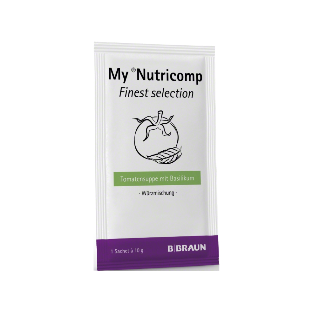 Auf einem weißen Beutel der B. Braun Deutschland GmbH & Co. KG mit der Aufschrift „B. Braun My ®Nutricomp Finest Selection“ ist ein Tomaten- und Basilikumblatt abgebildet, mit dem deutschen Text „Tomatensuppe mit Basilikum“ und „Gewürzmischung“, ", das das kulinarische Gespür von Alfons Schuhbeck weckt.