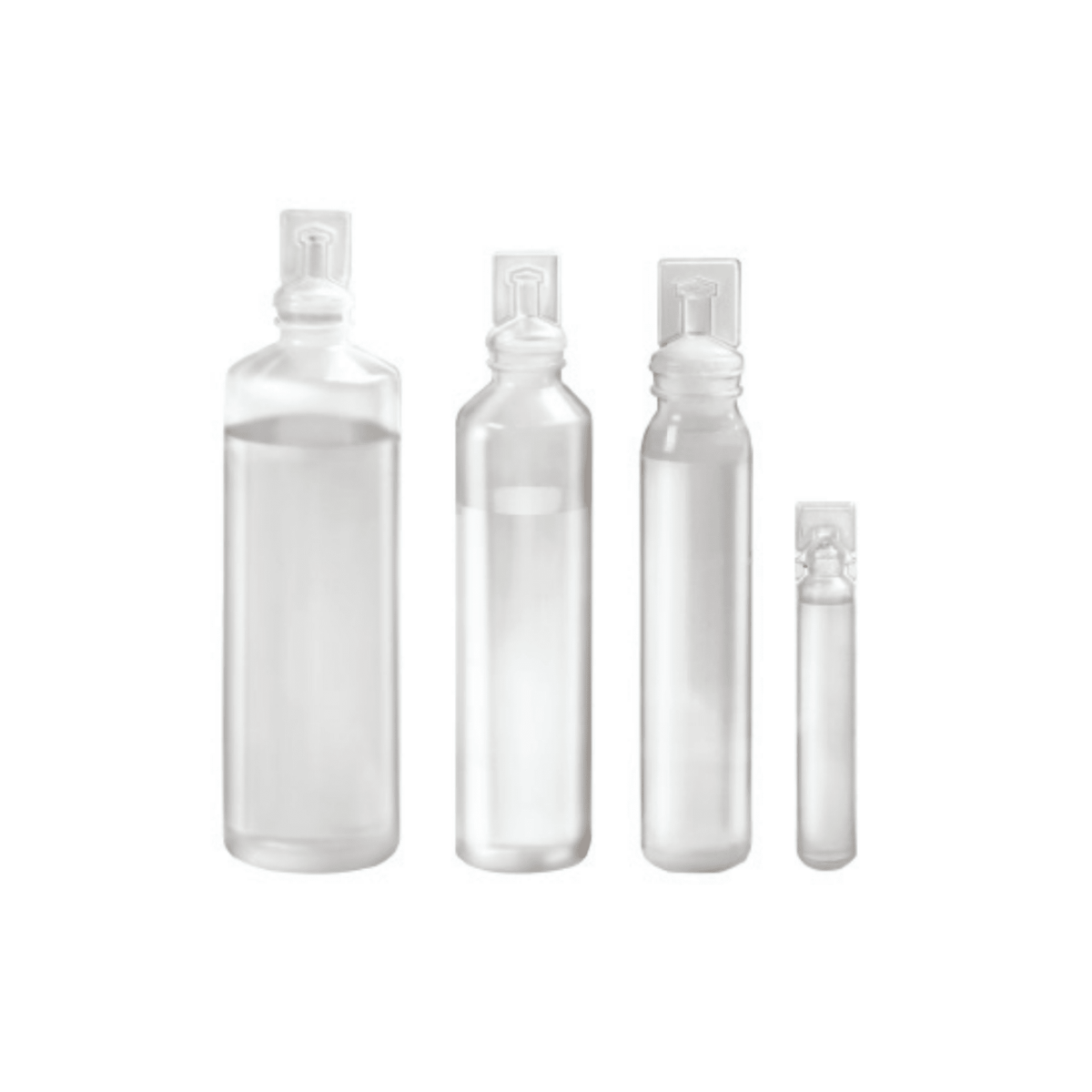 Four transparent B. Braun NaCl 0.9% Ecolav® Topical Irrigation Solution Bottles, manufactured by B. Braun Deutschland GmbH & Co. KG, are arranged in a row from largest to smallest. Each bottle is designed to hold a 0.9% NaCl solution and features a sealed, flat cap with a minimalist design and no visible labels or markings.