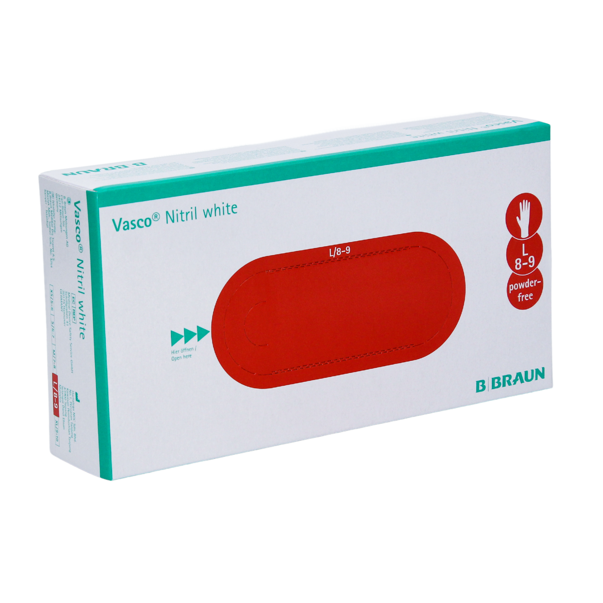 Eine Schachtel B. Braun Vasco® Nitril weiße Einmalhandschuhe von B. Braun Deutschland GmbH & Co. KG ist ideal für alle, die puderfreien Schutz in Größe L/8-9 suchen. Die Handschuhe haben auf der Vorderseite ein rotes ovales Design, auf dem Produktinformationen in grüner und roter Schrift aufgedruckt sind.