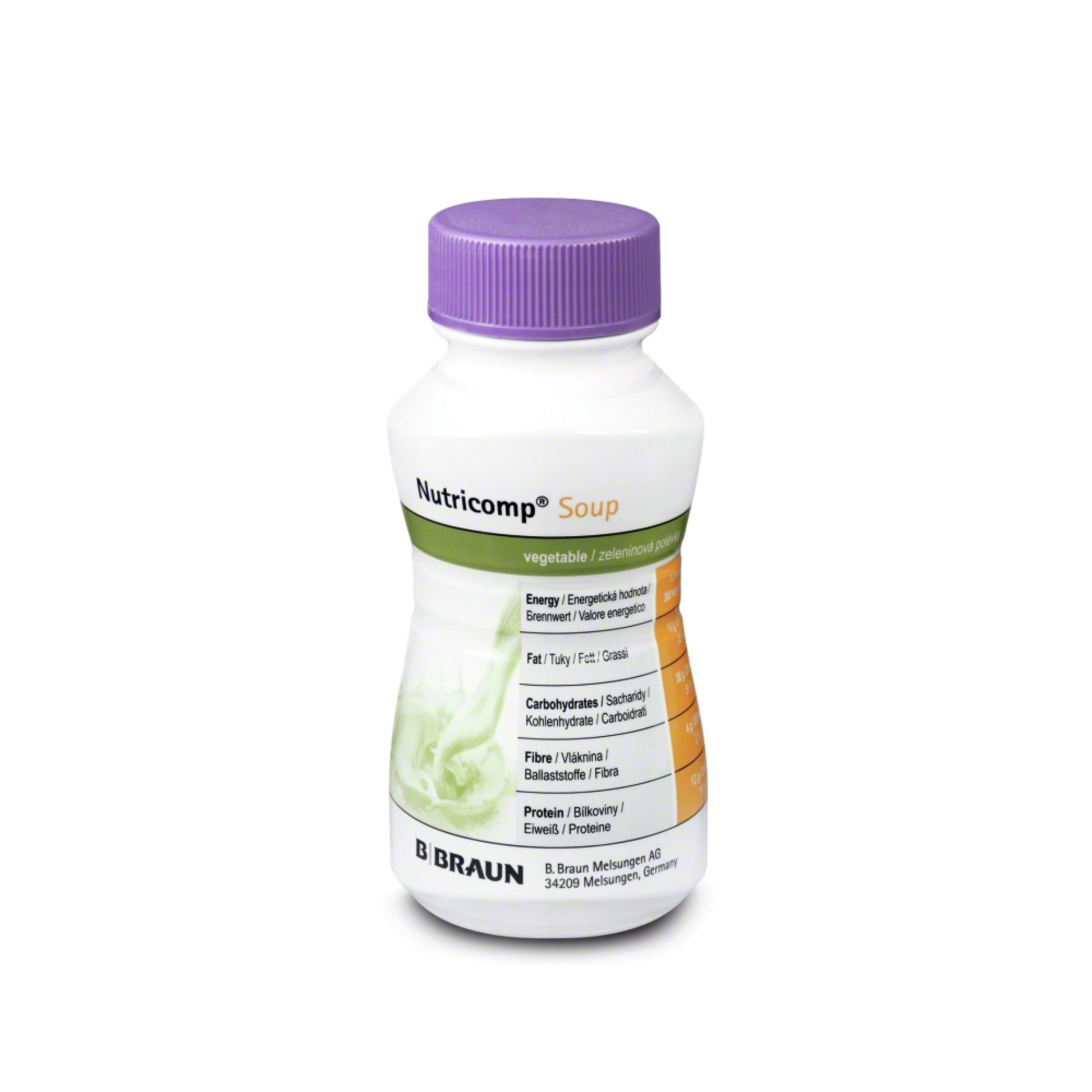 Eine Packung B. Braun Nutricomp® Soup, Gemüse - Hochkalorische Trinknahrung enthält vier Flaschen mit violettem Verschluss. Jede Flasche ist ideal für das Diätmanagement und enthält ein Etikett mit Nährwertinformationen wie Energie, Protein, Fett, Kohlenhydrate und Ballaststoffe. Diese hochkalorische Trinknahrung wird von B. Braun Deutschland GmbH & Co. KG in Melsungen hergestellt.