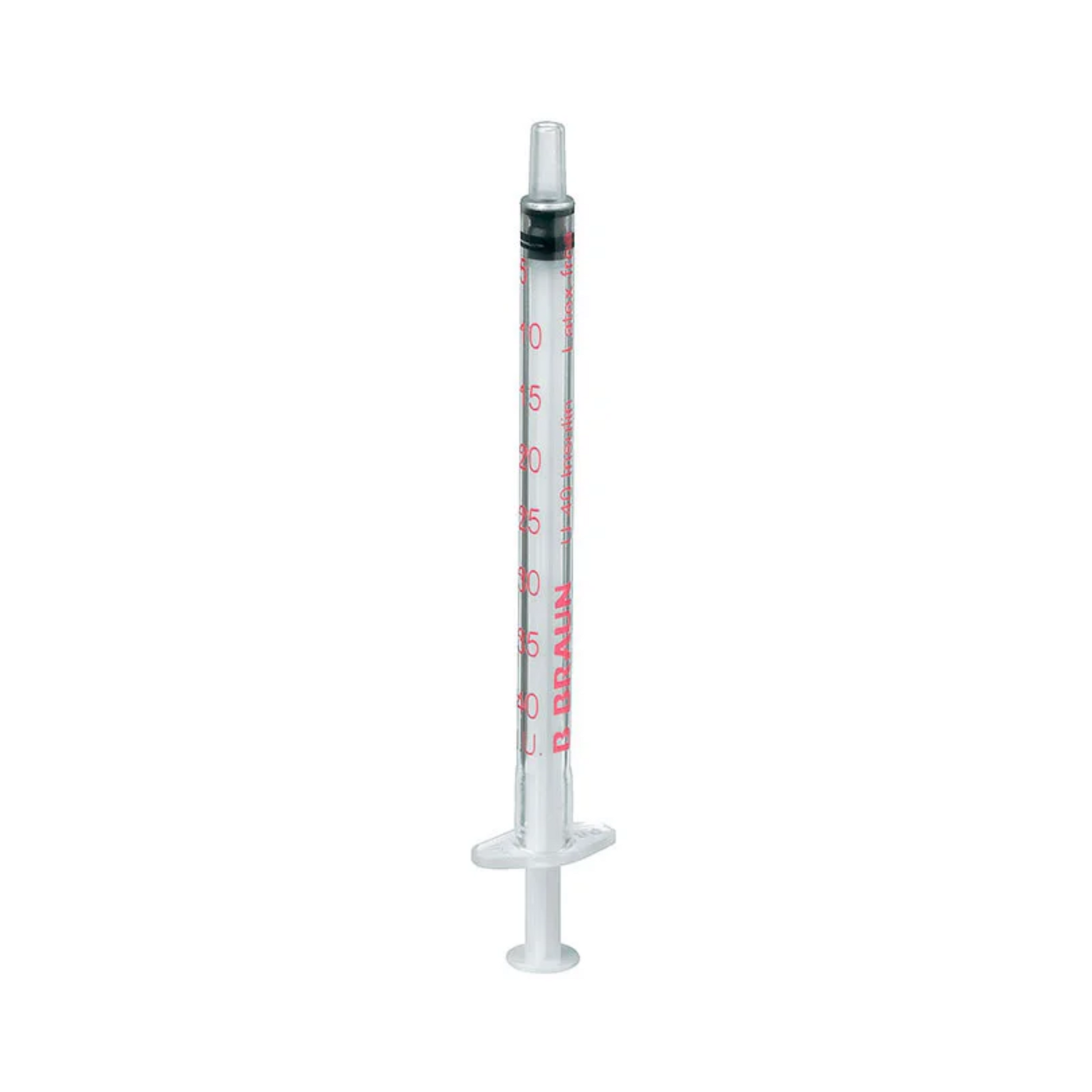 Eine B. Braun Omnifix® 40 Solo Einmal-Insulinspritze (10 ml, verschlossene Spitze, rote Markierung) von B. Braun Deutschland GmbH & Co. KG steht aufrecht vor weißem Hintergrund; Packung enthält 10 Stück (Auslaufartikel).