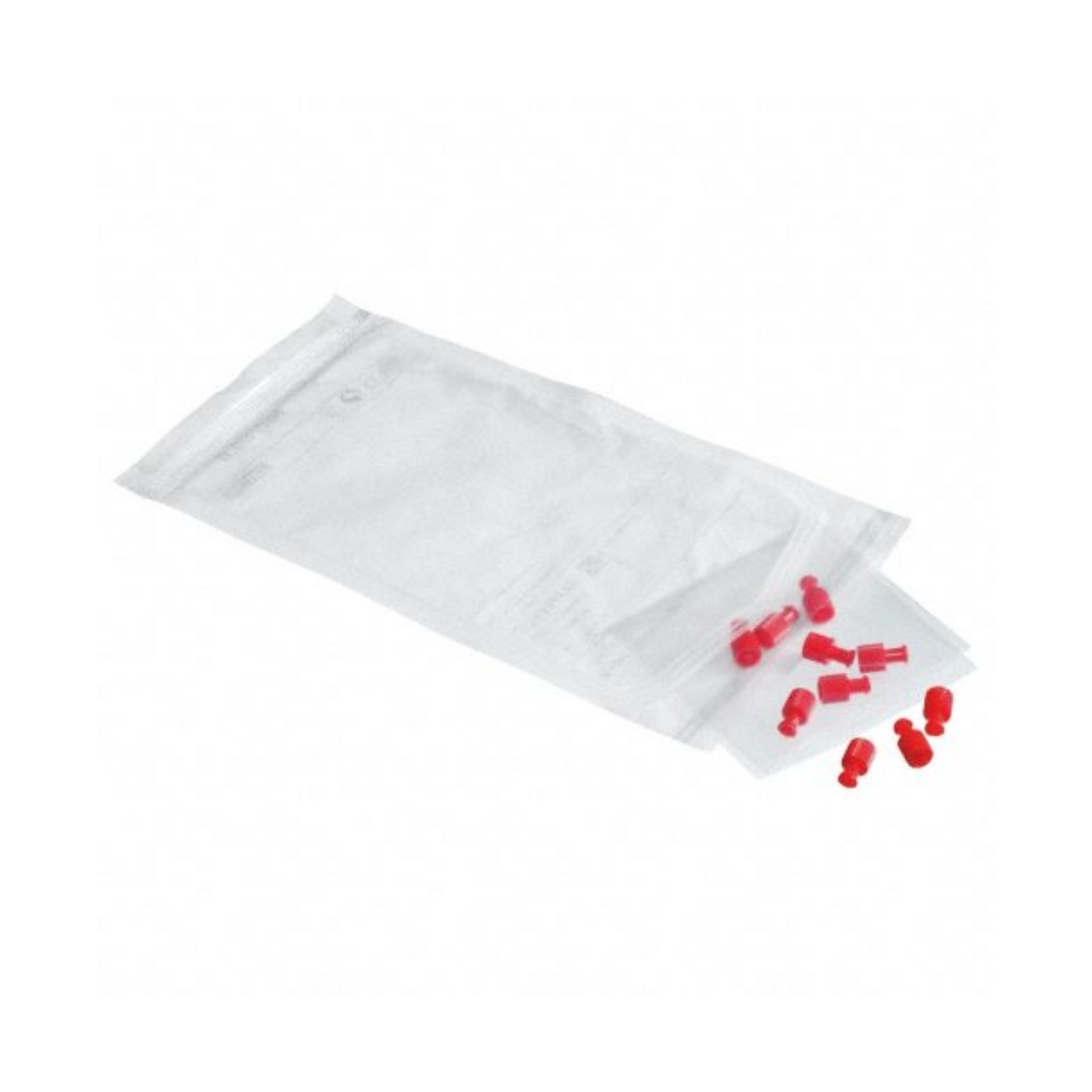 In einem offenen, durchsichtigen Plastikbeutel mit der Aufschrift „sterilisierte Verpackung“ sind auf einer weißen Fläche verstreut kleine rote B. Braun ProSet Combi-Stopfen enthalten, jeweils ein Angebot der B. Braun Deutschland GmbH & Co. KG.