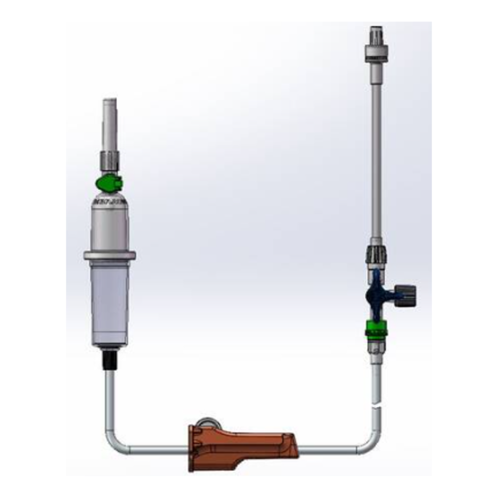 Abbildung eines Sanitärsystems mit verbundenen Rohren und Ventilen. Das System besteht aus einem vertikalen zylindrischen Bauteil mit einem Manometer und einem B.Braun ProSet Intrafix Primeline Infusionsset, 180 cm von B. Braun Deutschland GmbH & Co. KG, das Anschlüsse enthält und an der Basis ein braunes Gehäuse hat.
