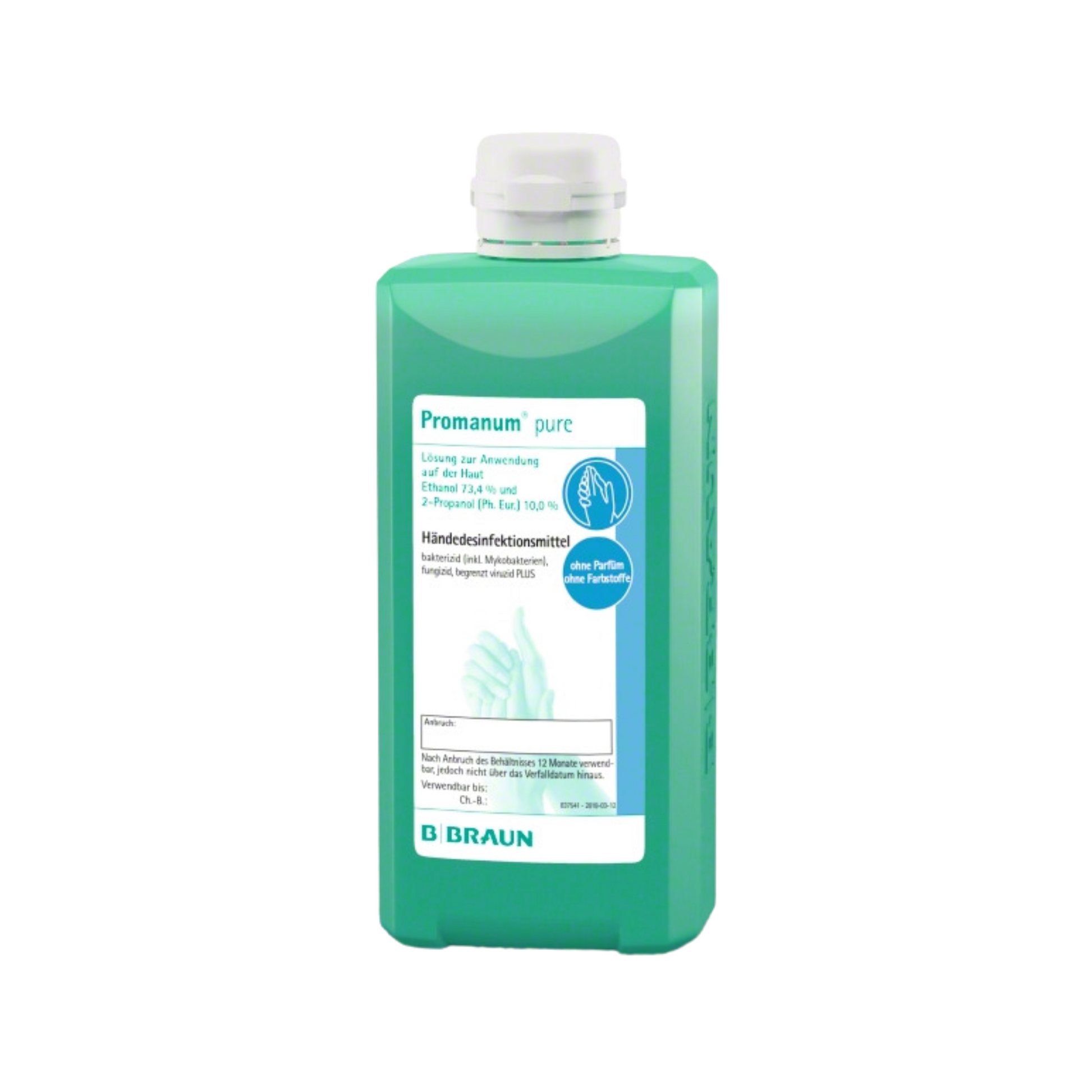 Das B. Braun Promanum® pure Händedesinfektionsmittel der B. Braun Deutschland GmbH & Co. KG ist eine grüne 500-ml-Flasche mit hautfreundlichem, alkoholbasiertem Händedesinfektionsmittel mit einem Etikett mit Produktdetails und einer Abbildung von Händen sowie einer weißen Kappe.