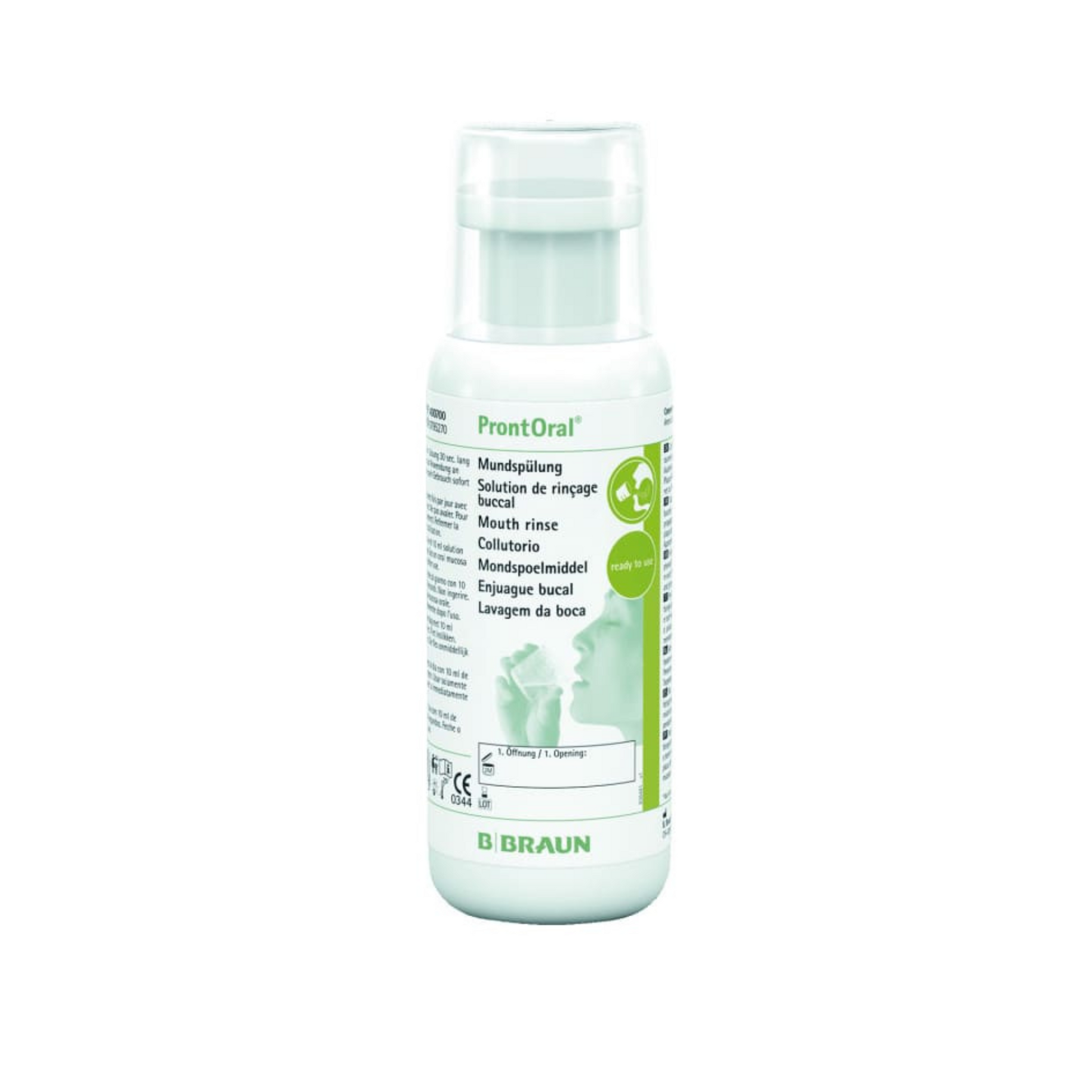 Eine weiß-grüne 250-ml-Flasche mit der Aufschrift „B. Braun ProntOral® Mundspüllösung zur MRE-Dekolonisation“ zeigt das B. Braun-Logo, ein Bild von zwei Gesichtern als Silhouetten, einen mehrsprachigen Text einschließlich „Mundspüllösung“ und einen weißen Verschluss.