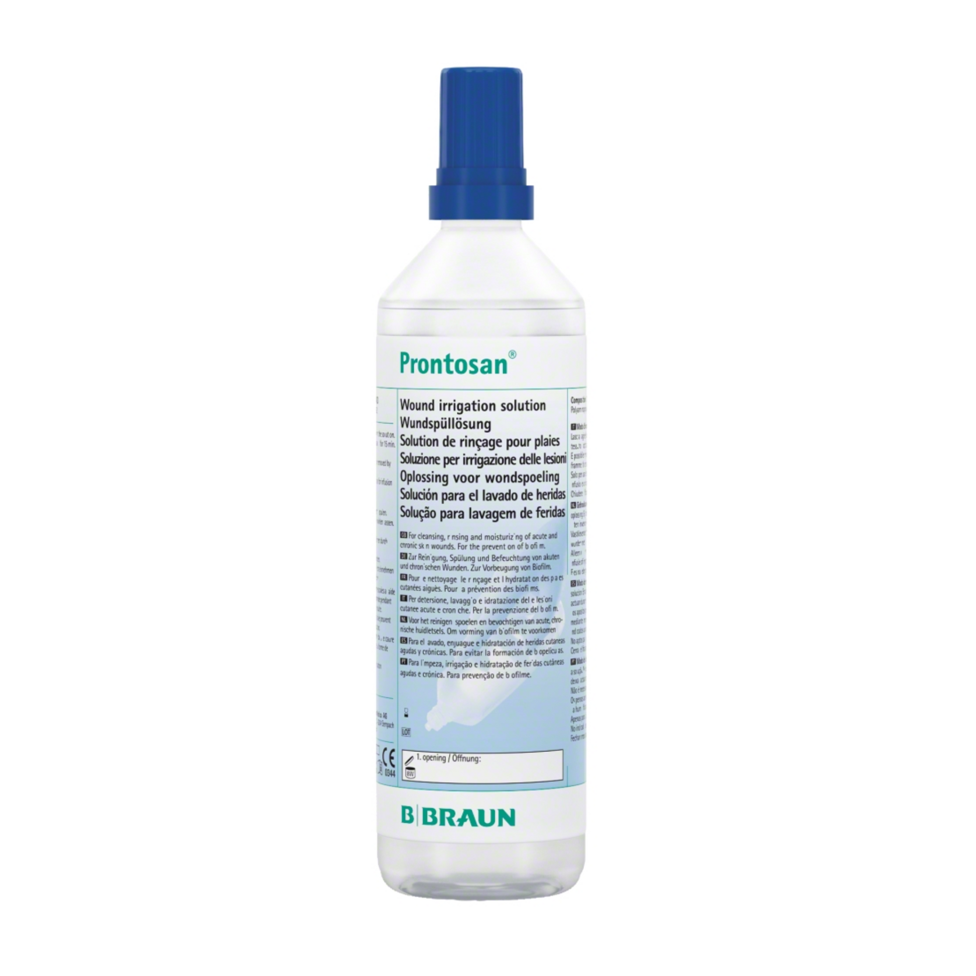 Eine Flasche B. Braun Prontosan® Wundspüllösung mit blauem Verschluss verfügt über ein weißes Etikett mit mehrsprachigem Text, der Produktinformationen und Anweisungen zur Wundheilung enthält. Das Logo der B. Braun Deutschland GmbH & Co. KG ist deutlich sichtbar unten auf dem Etikett zu sehen und sorgt für Vertrauen in die Biofilm-Management-Fähigkeiten des Produkts.